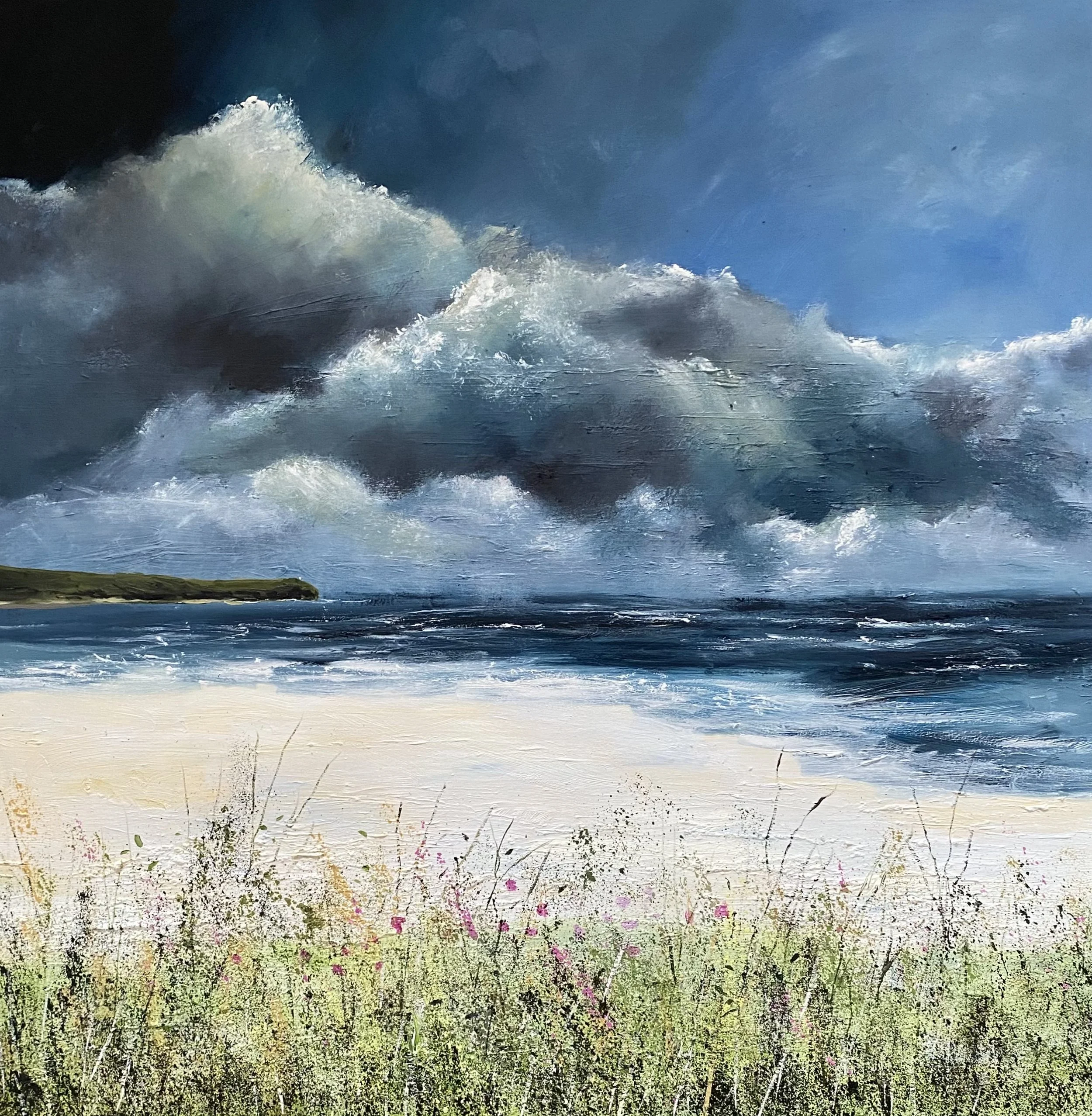 'Towards Rinsey from Praa' Original oil on deep edge box canvas set in a white wooden tray frame. Sold