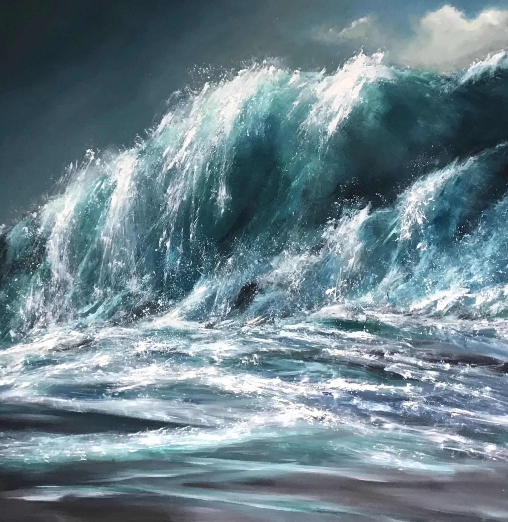 'The Seventh Wave' Original oil on deep edge box canvas set in a white wooden tray frame - 95cm x 95cm Sold