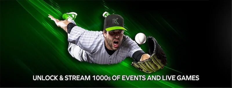 Gamekast banner graphic showing a baseball player diving to catch a ball, with the tagline Unlock and stream thousands of events and live games