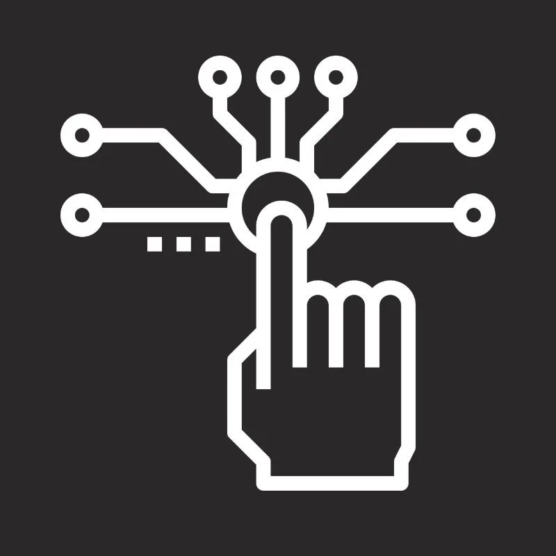 Icon of a hand with a bent index finger pressing a central point, with eight lines branching out, each ending in a circle, representing a digital or technological connection.
