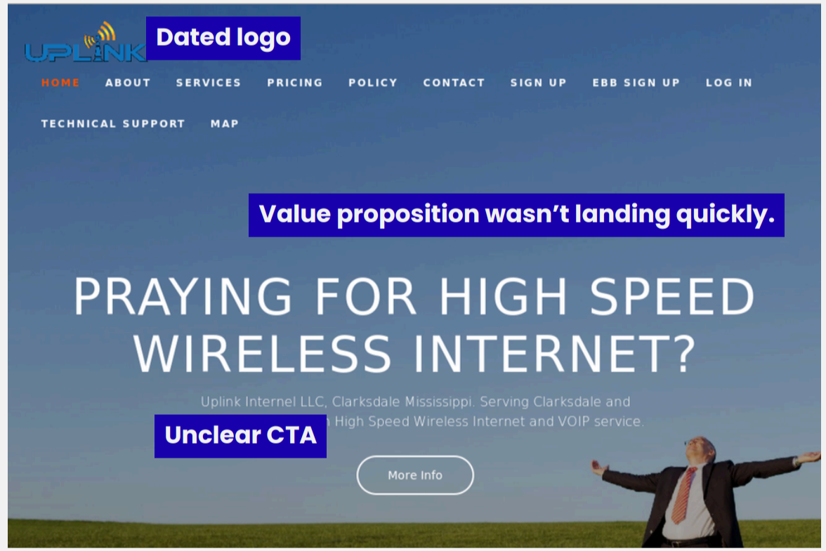 Old before website rebrand homepage for Uplink Internet LLC. The webpage features a man in a business suit with arms outstretched against a grassy field and blue sky.