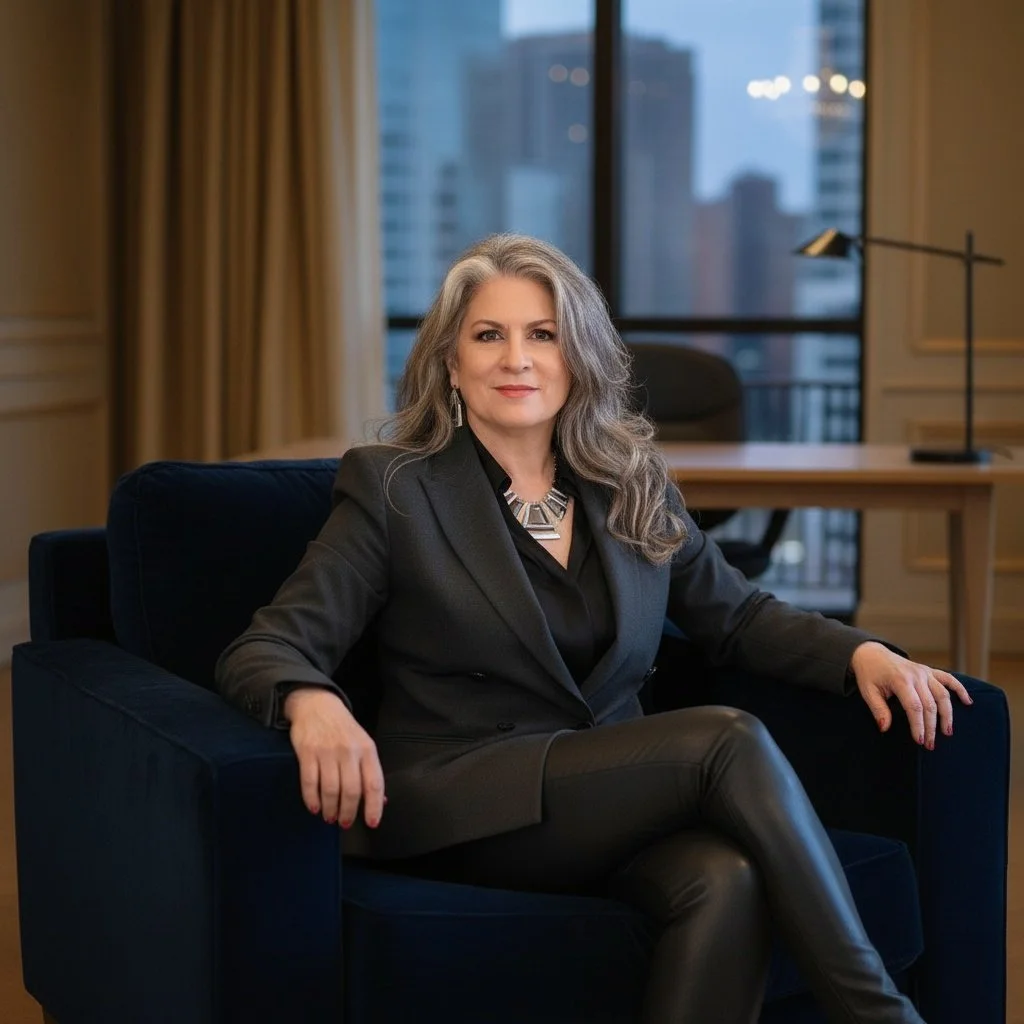 Maria Botta MBA seated on a dark blue armchair in an office, wearing a black blazer and leather pants, with large windows showcasing a cityscape in the background.