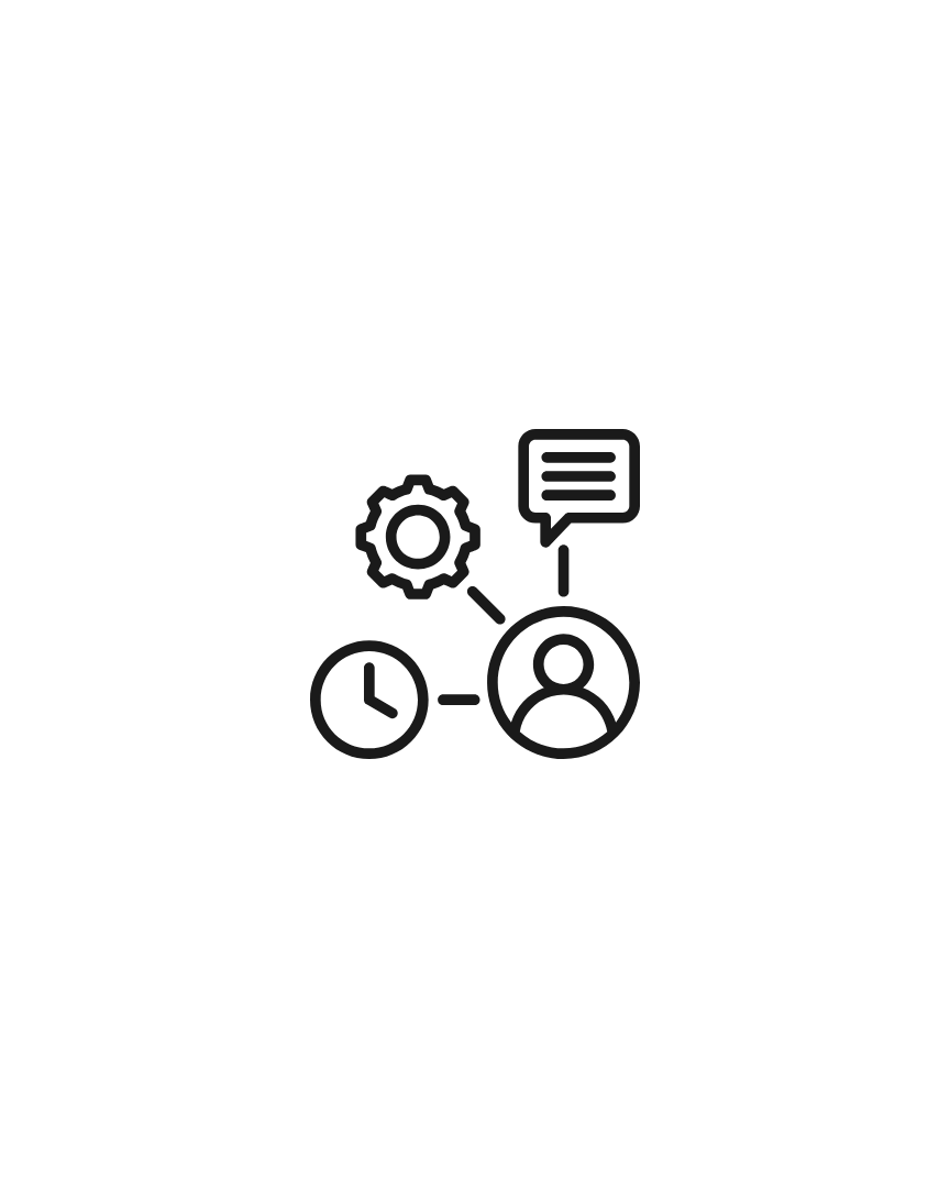 Outline icon of a person with a clock, gear, and chat bubble connected around it, representing time management, settings, and communication.