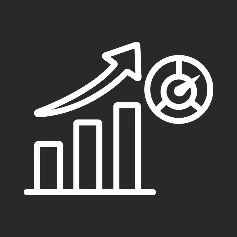 White line graph with ascending arrow, bar chart, and target icon on a black background.