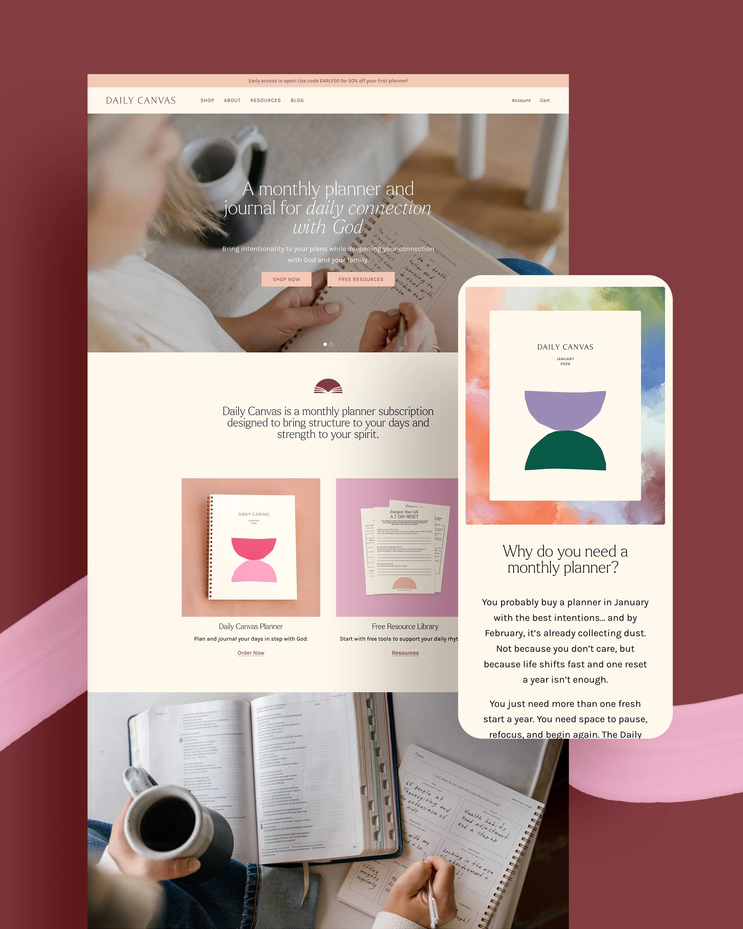 Desktop and mobile responsive mockup of the custom Shopify e-commerce website designed for Daily Canvas by Solmade Studio.
