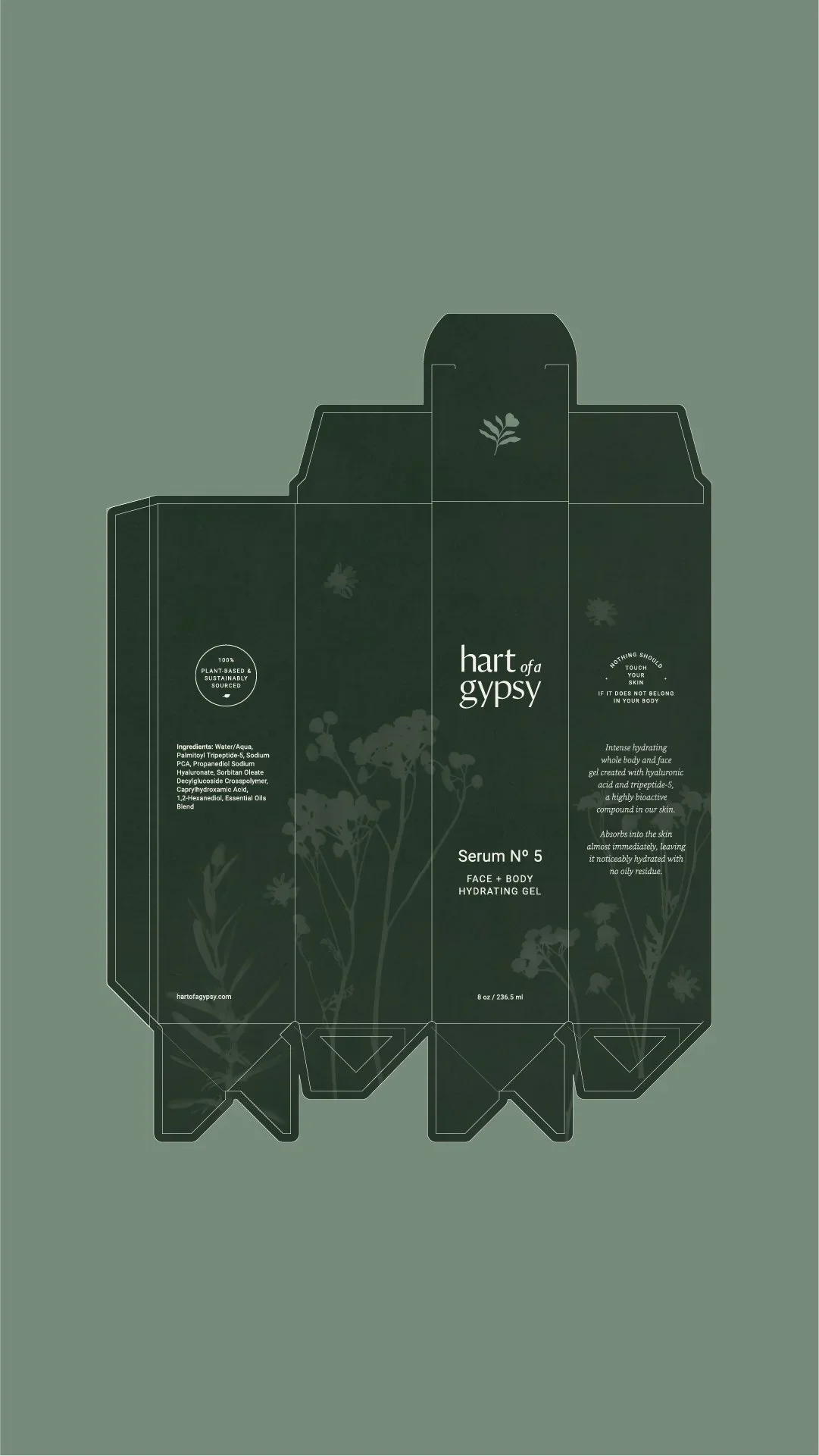 Flat packaging layout for “hart of a gypsy Serum No. 5 Face + Body Hydrating Gel,” featuring dark green panels, botanical illustrations, ingredient list, and fold lines for box assembly.