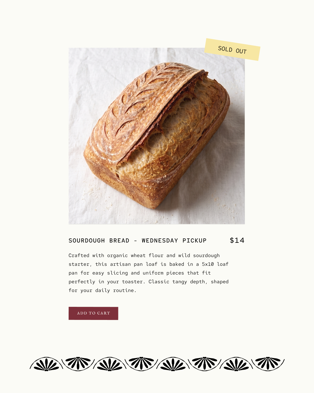 A rectangular sourdough loaf with decorative scoring rests on a light cloth. A yellow “Sold Out” tag appears in the corner. Below, product text describes the loaf and lists the price, with an “Add to Cart” button beneath.
