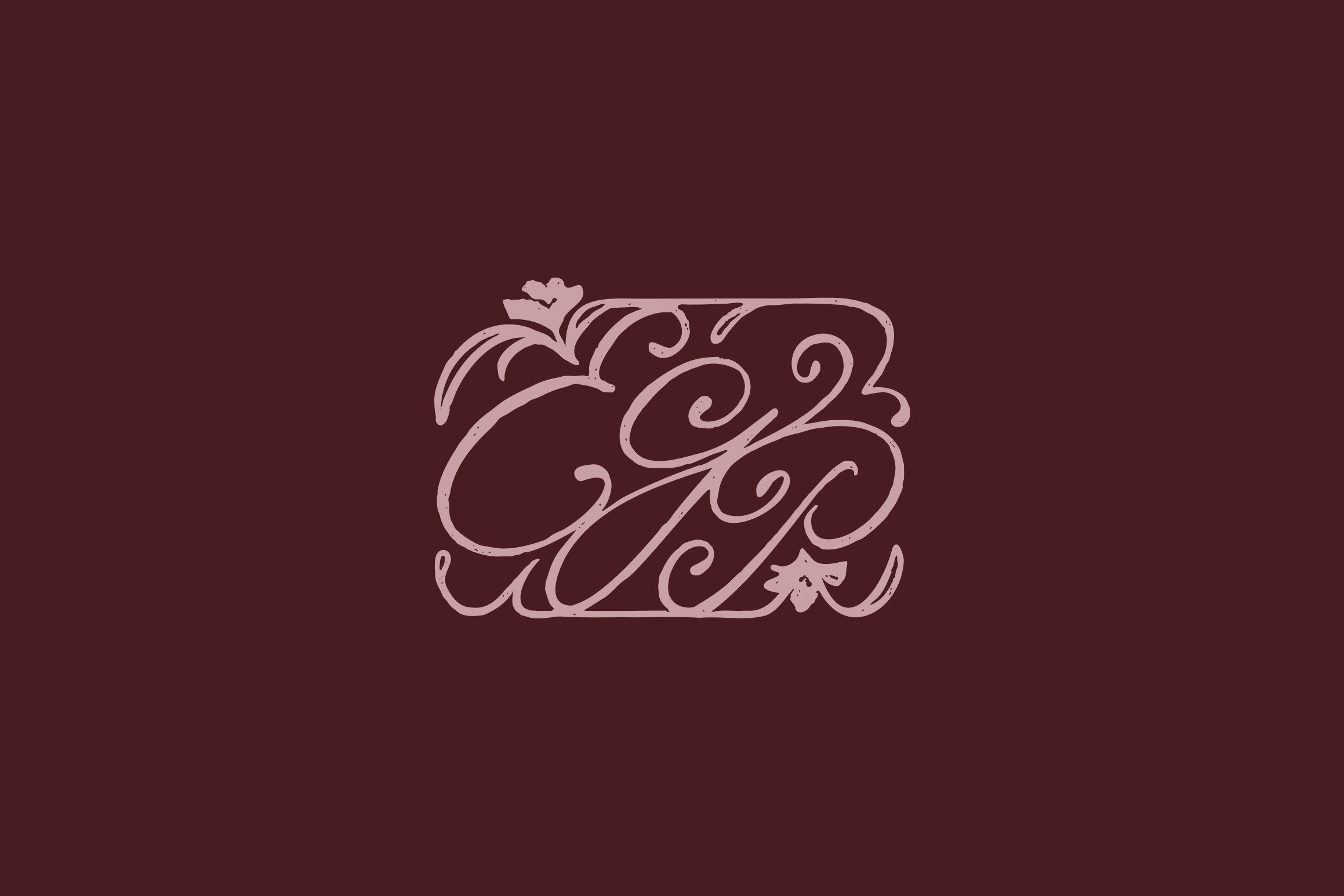 An ornate monogram composed of intertwined “E” and “P” letters in light pink script with floral embellishments, set against a deep maroon background for a sophisticated, heirloom-inspired brand mark.