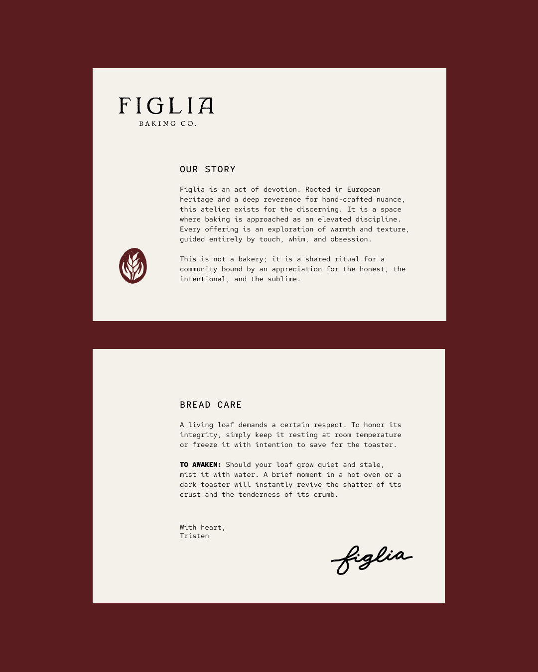 Two cream-colored cards on a dark red background. The top card titled “Our Story” describes Figlia’s heritage and baking philosophy.