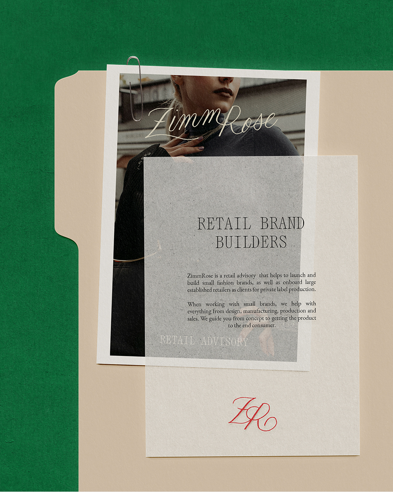 A beige folder on a green surface with a clipped photo and a printed brand overview sheet for ZimmRose, featuring serif headings, descriptive text about retail brand building, and a red monogram logo “ZR.”