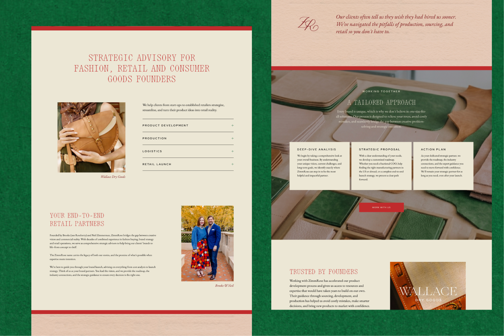 A two-page ZimmRose brochure featuring beige and green layouts, photos of leather goods, founder portraits, service descriptions for product development through retail launch, and a testimonial section.