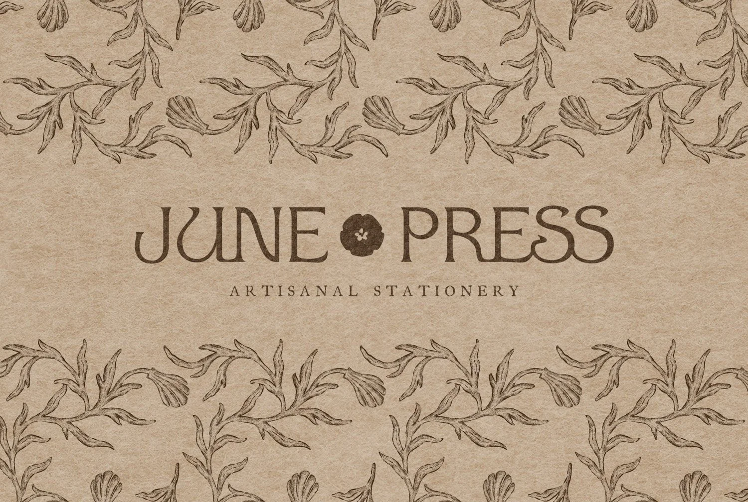 Stationery branding design for June Press featuring hand-drawn botanical pattern inspired by coastal elements, blending floral motifs with seashell and seaweed forms