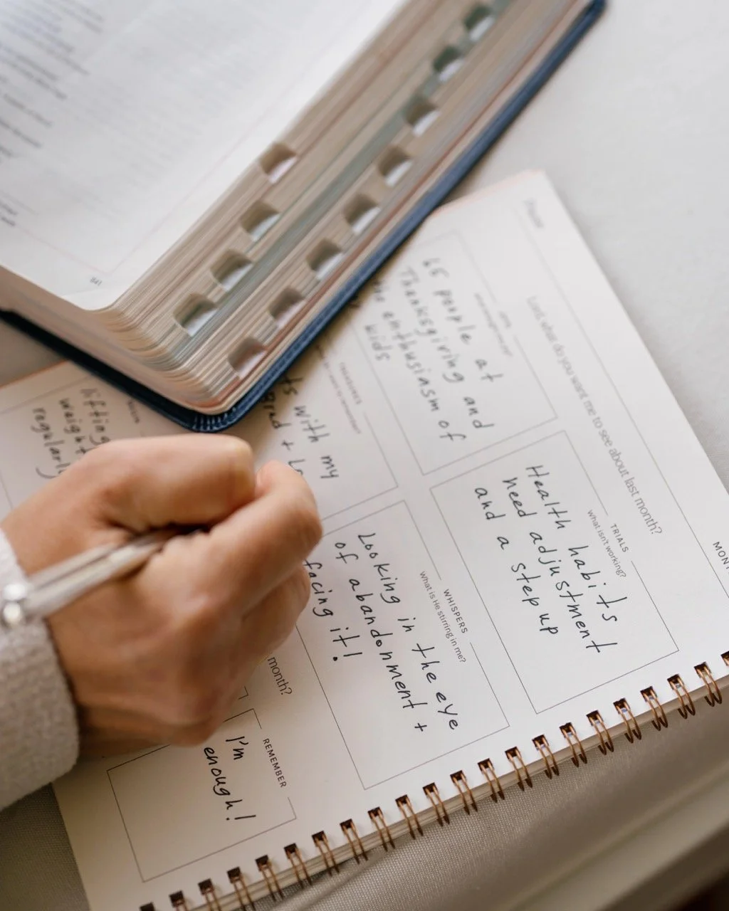 Close-up lifestyle photo of hands writing in the weekly planning and journaling pages of a Daily Canvas planner.