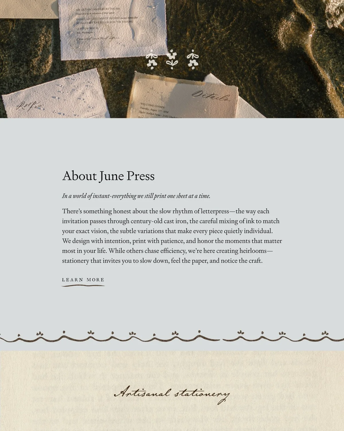 Brand identity design for June Press showcasing editorial layout, refined typography, and minimal coastal floral design system for artisan stationery brand