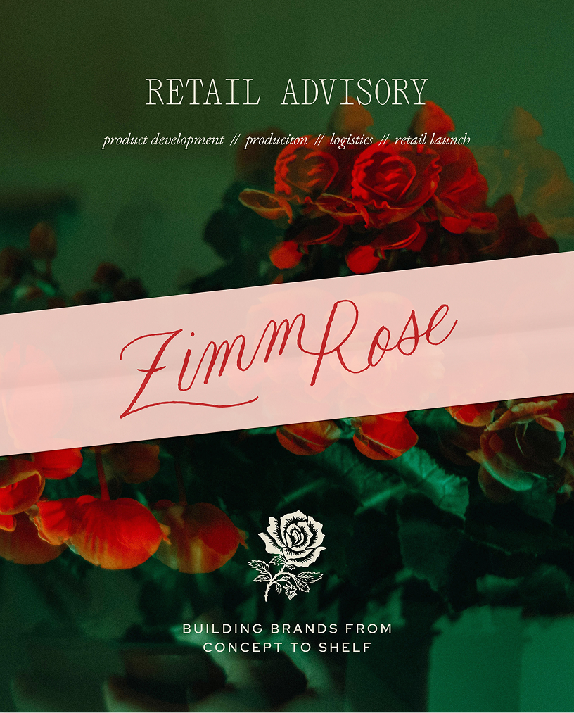 A branding graphic with red roses in the background, a pink banner reading “ZimmRose,” and text describing retail advisory services from concept to shelf.