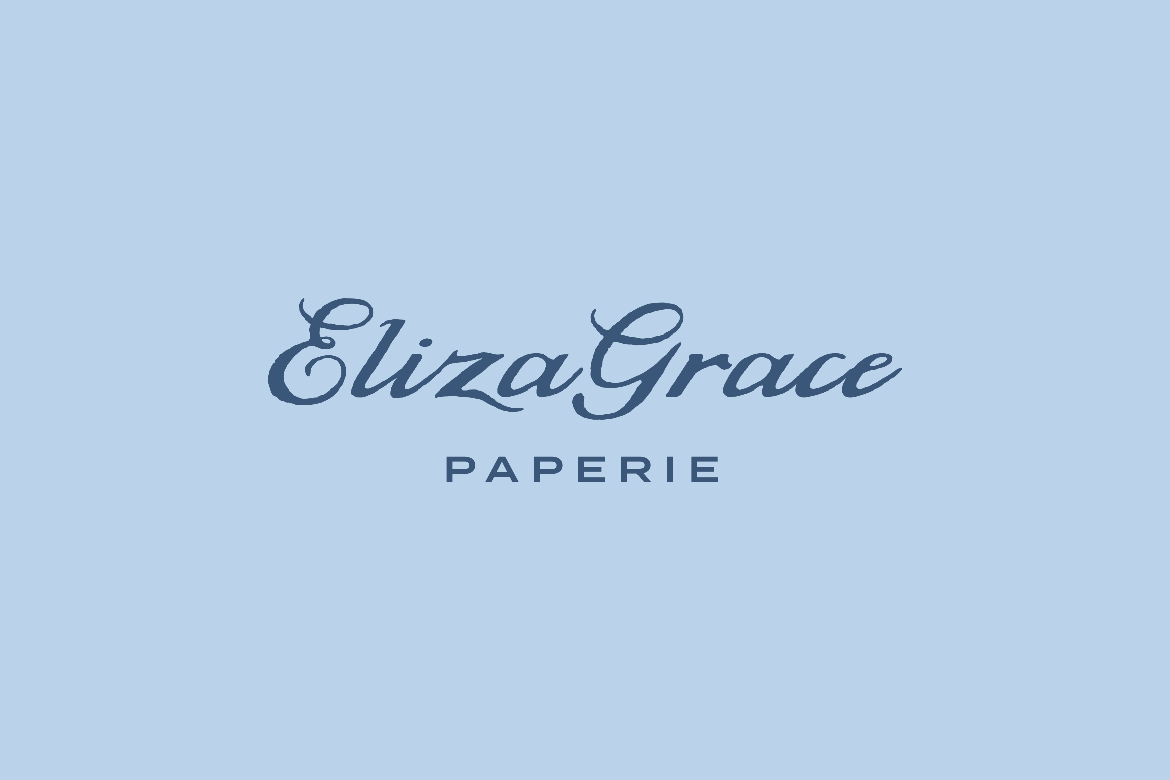 A light blue background featuring the ElizaGrace Paperie logo, with “ElizaGrace” in elegant cursive above the word “PAPERIE” in clean sans‑serif lettering, conveying a refined boutique stationery brand.