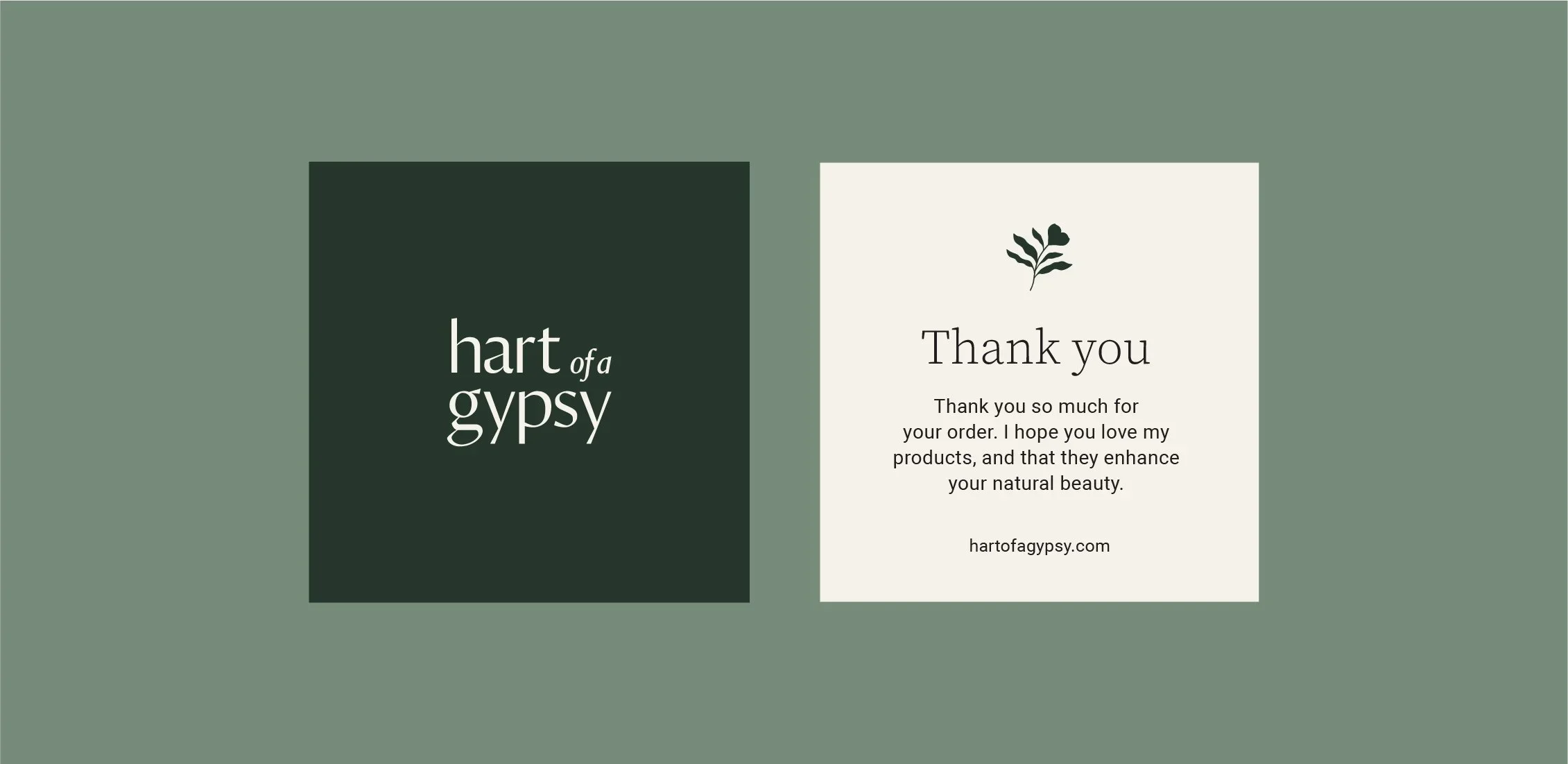 Two square cards on a green background: one dark green with “hart of a gypsy” in white text, and one beige card with a plant icon and a thank‑you message for customers.