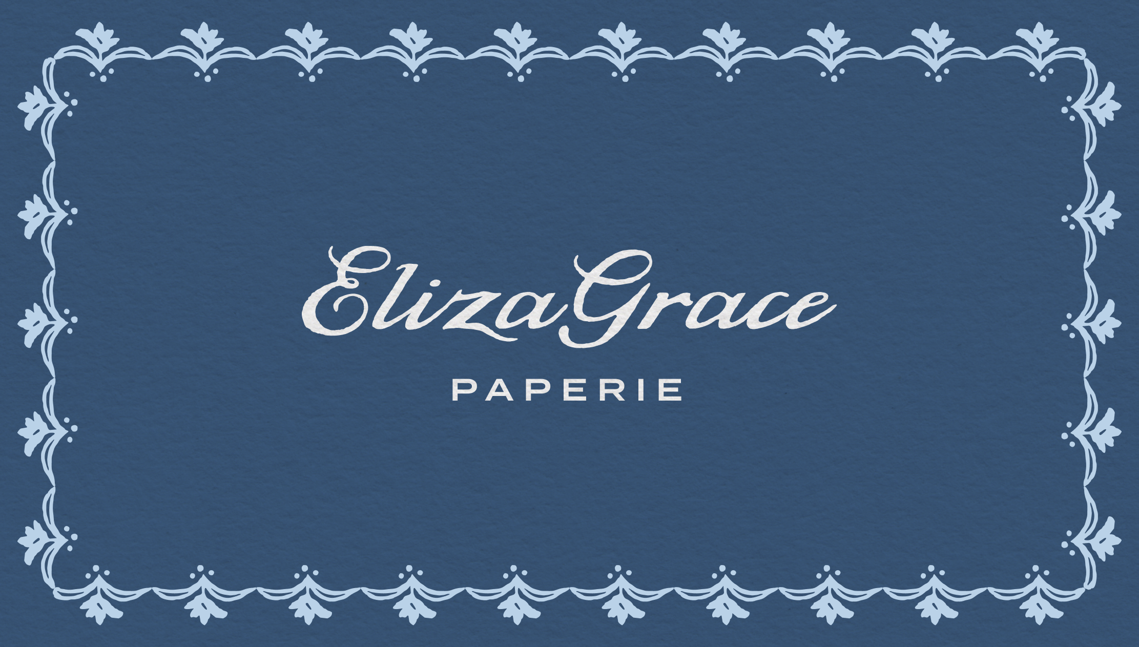 A blue background with a decorative floral border frames the “ElizaGrace Paperie” logo in white script and sans-serif type.