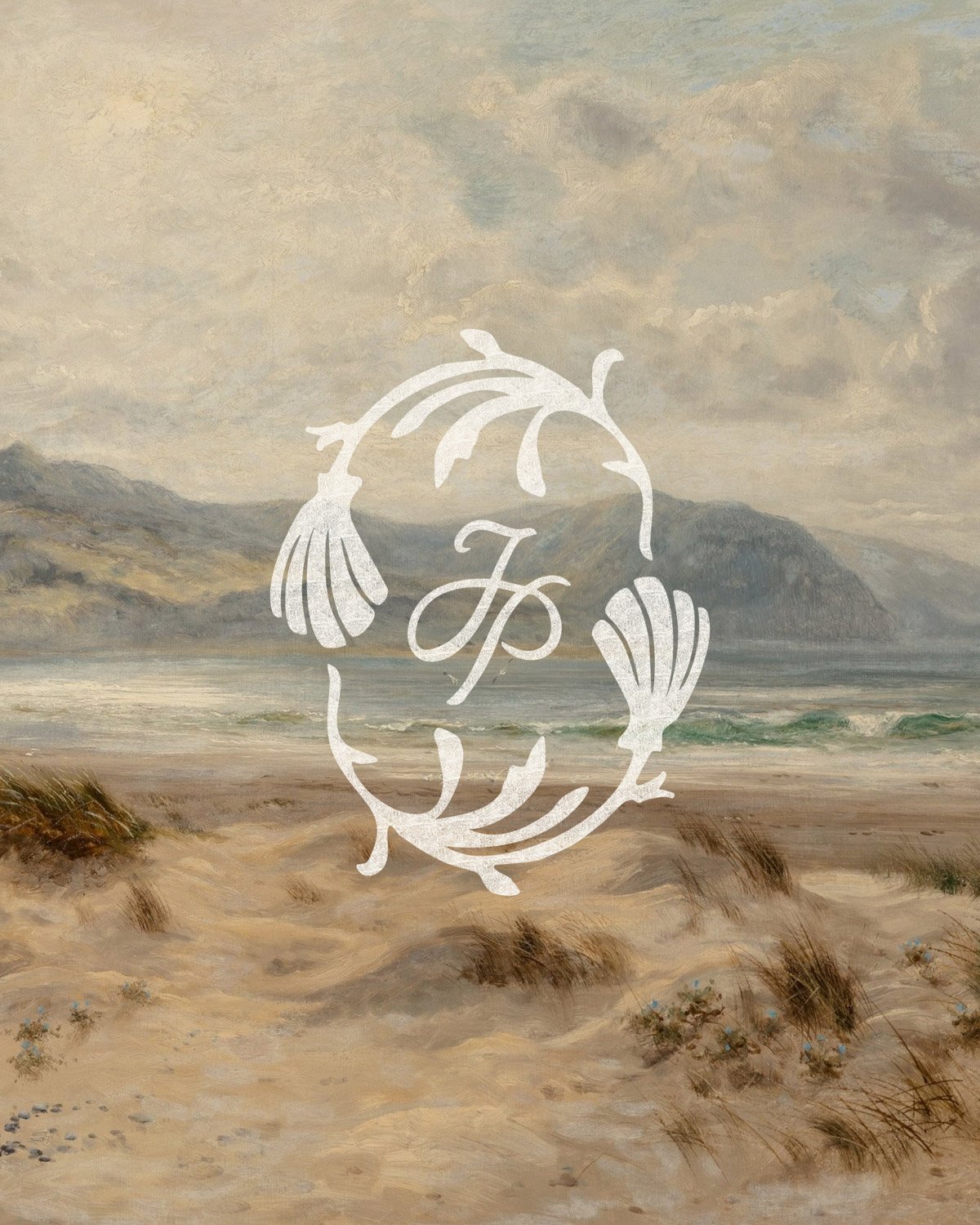 Logo design for June Press featuring custom monogram inspired by seashells and seaweed, layered over coastal landscape for artisan brand identity