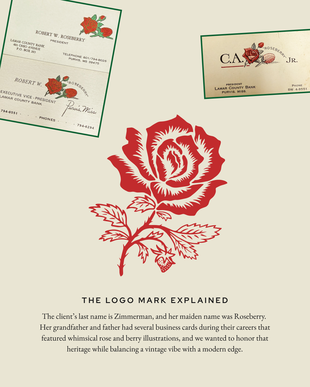 A design sheet displaying vintage Roseberry family business cards above a modern red rose logo, accompanied by text explaining the heritage inspiration behind the ZimmRose logo mark.