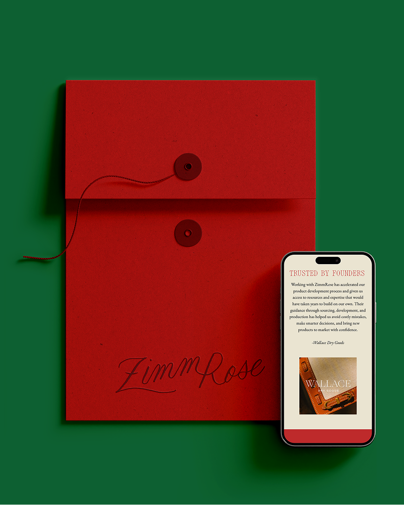 A red envelope labeled “ZimmRose” beside a smartphone displaying a client testimonial and product image, showing cohesive branding across physical and digital formats.