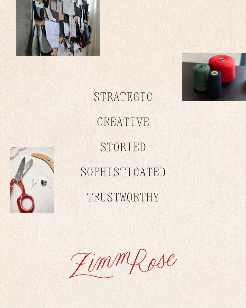 A collage of fabric swatches, colorful thread spools, and sewing tools arranged around centered text listing brand qualities, with “ZimmRose” in red script at the bottom.