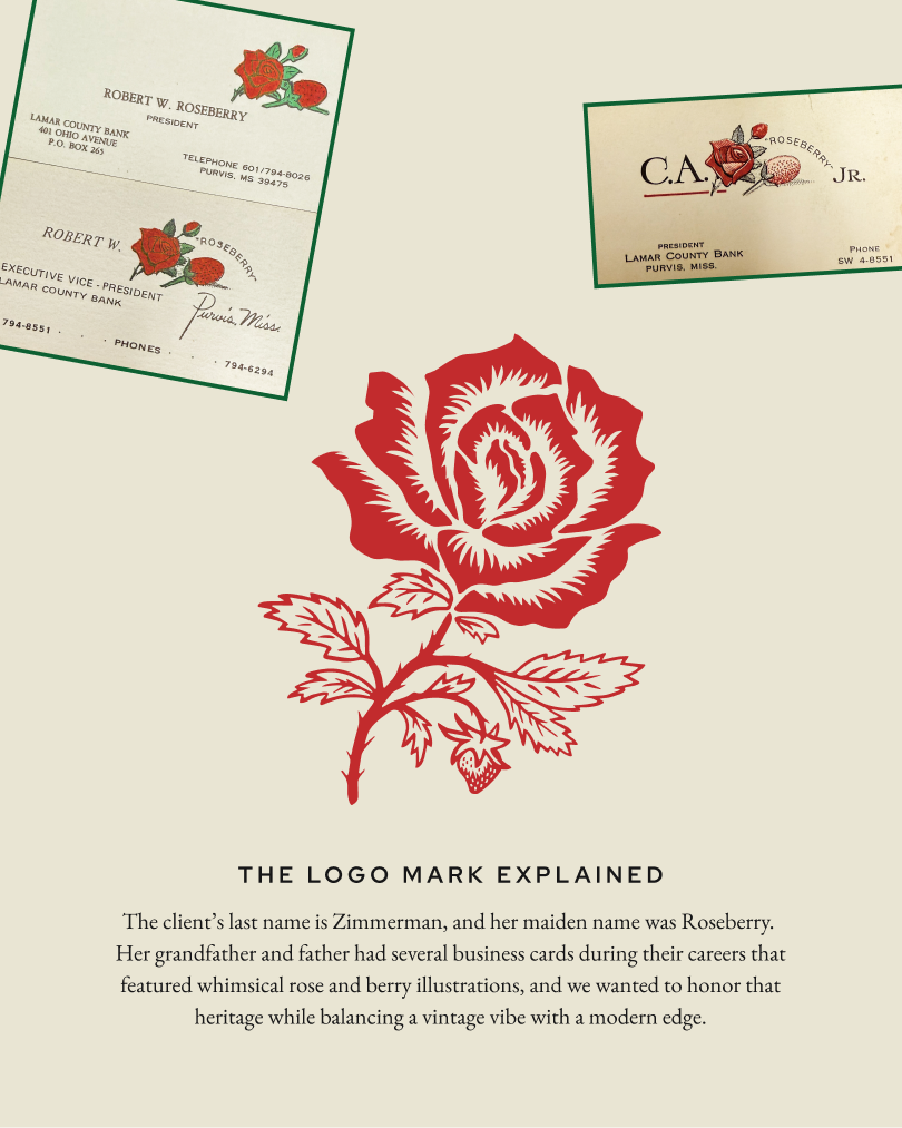 A design sheet displaying vintage Roseberry family business cards above a modern red rose logo, accompanied by text explaining the heritage inspiration behind the ZimmRose logo mark.