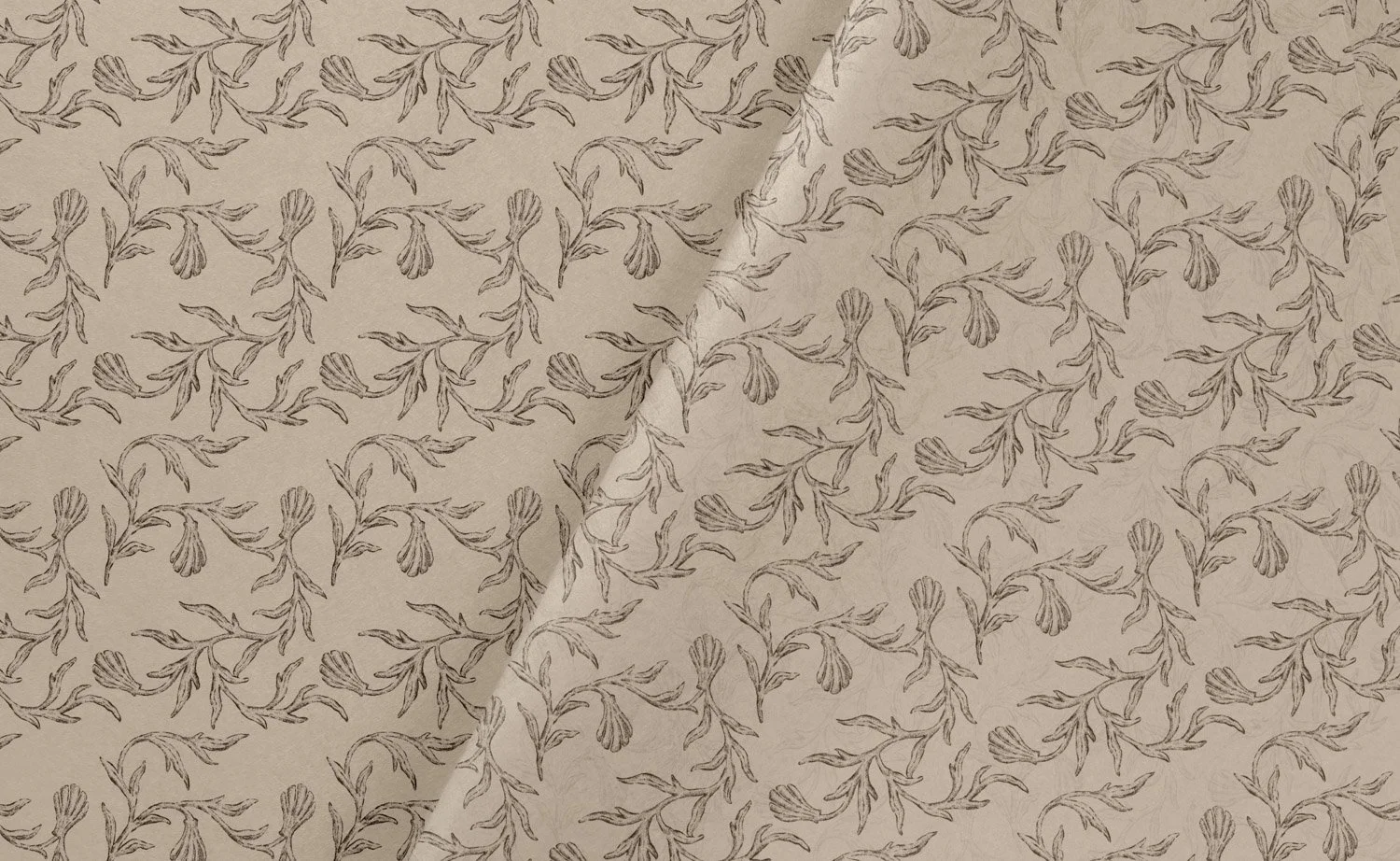 Textile and pattern design for June Press featuring hand-drawn coastal botanical motif inspired by seaweed and florals, printed on textured artisan paper