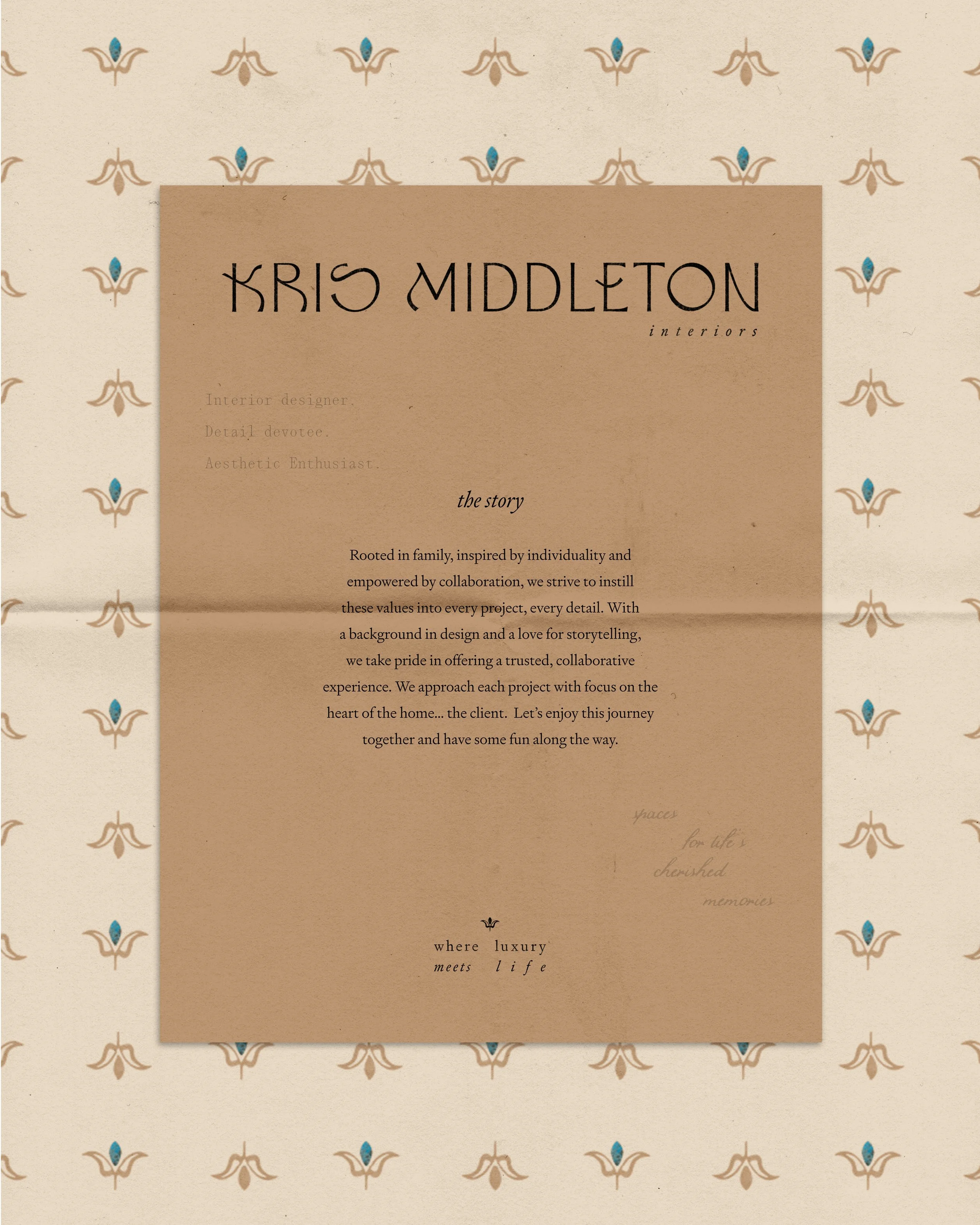 Interior designer branding for Kris Middleton Interiors, luxury brand identity design featuring editorial style typography and custom pattern background