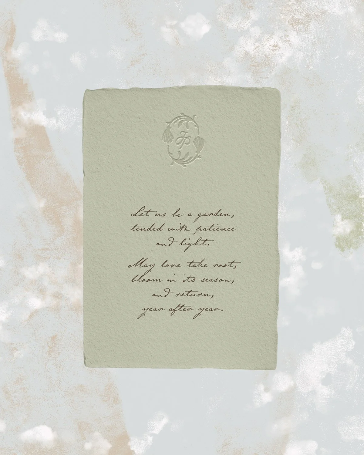 Artisan stationery design for June Press featuring handmade deckled edge paper, embossed monogram, and soft coastal-inspired texture with elegant calligraphy