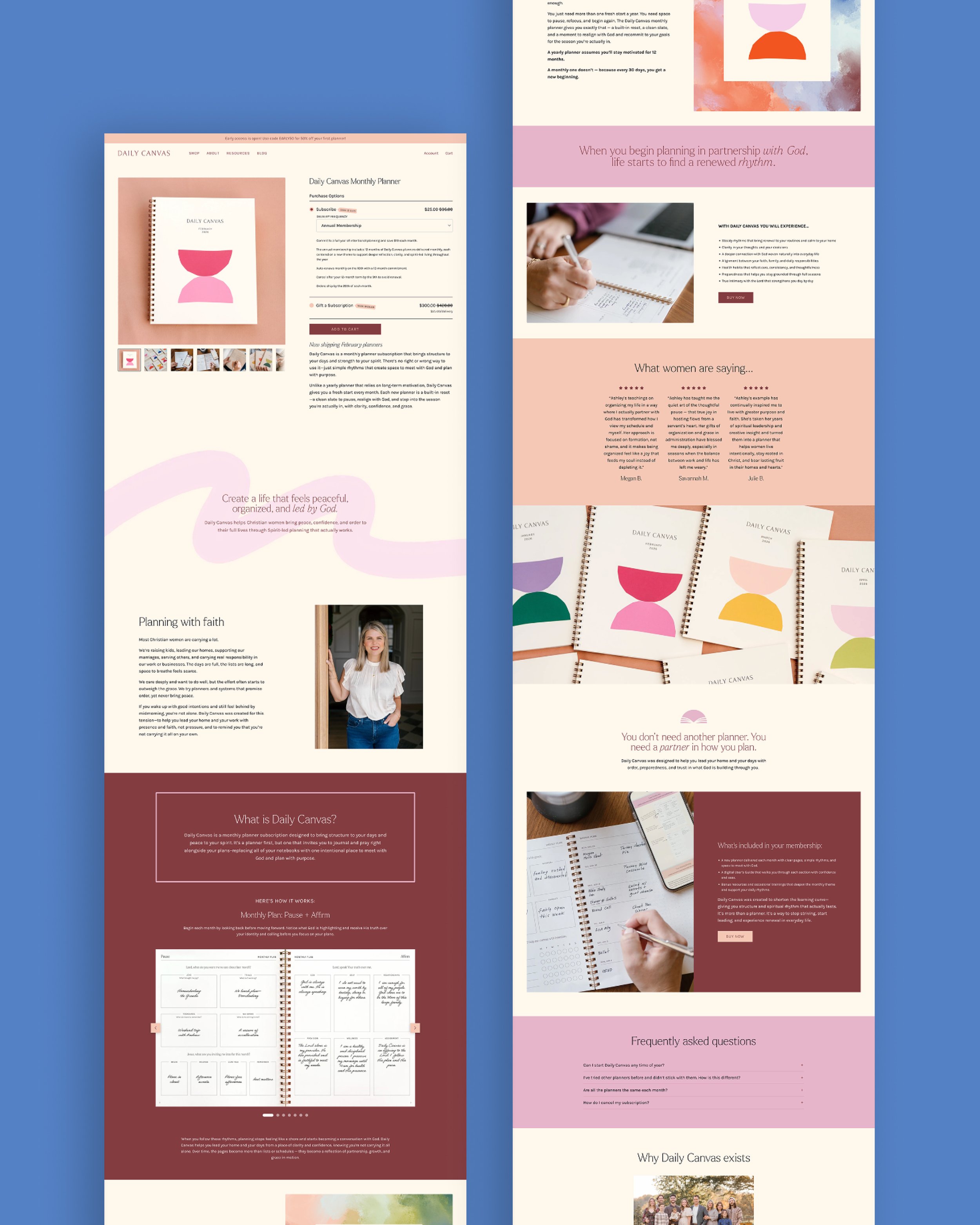 Showcase of multiple web page designs from the Daily Canvas Shopify website on a blue background.