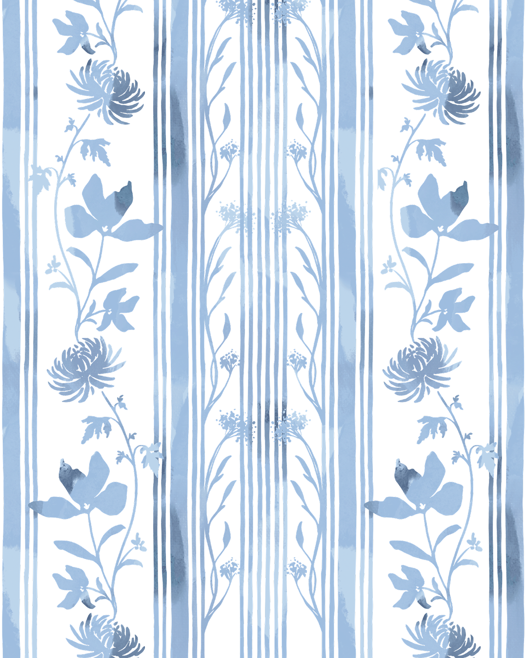 A repeating pattern of stylized blue flowers and leaves arranged between vertical stripes in varying shades of blue, creating a delicate, symmetrical design suitable for stationery or decorative paper.