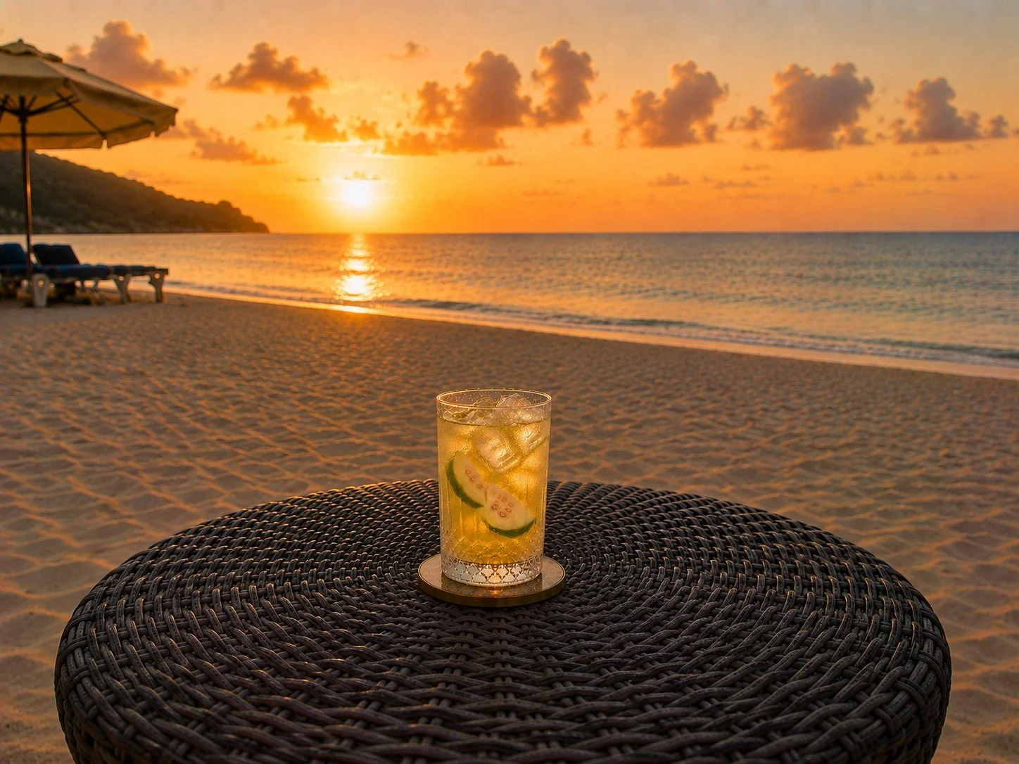 Tall glass of iced Sip Grenada herbal tea on a table at Mount Cinnamon Beach & Wellness Resort on Grand Anse Beach in Grenada sunset.