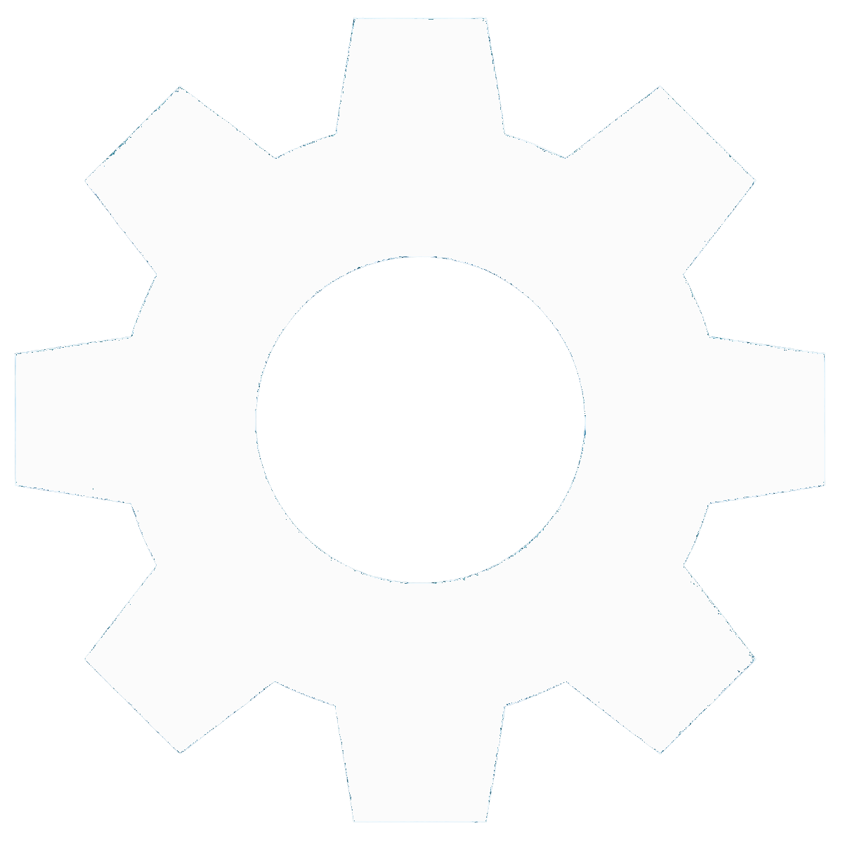 White gear or cogwheel icon with a black circle center on a black background.