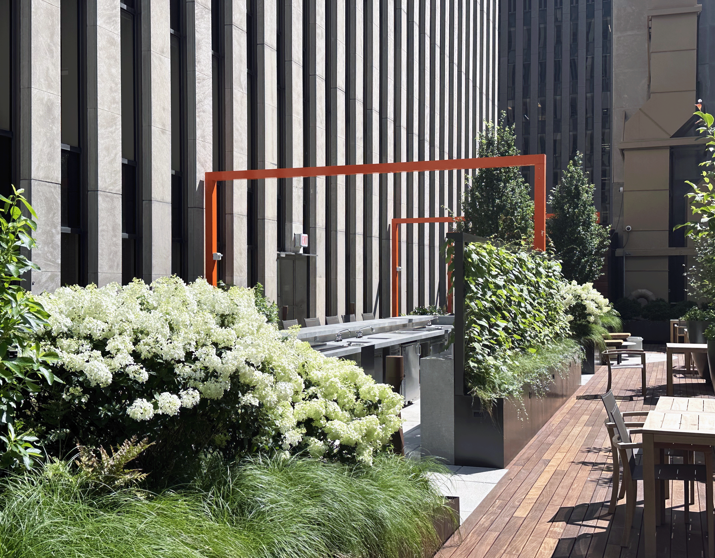 Outdoor rooftop terrace with white flowering bushes, potted plants, wooden tables and chairs, and black privacy screens, surrounded by tall modern buildings.