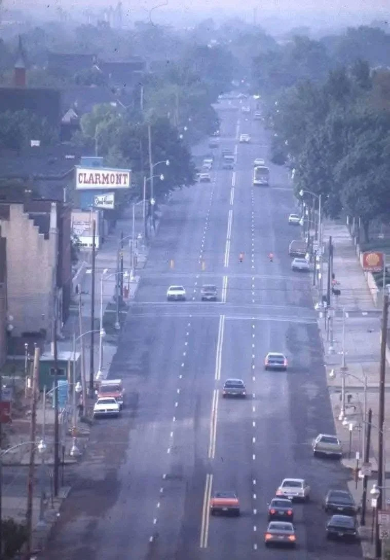 South High Street in Columbus, Ohio during the 1970s showing a wide roadway, vintage cars, and Brewery District surroundings