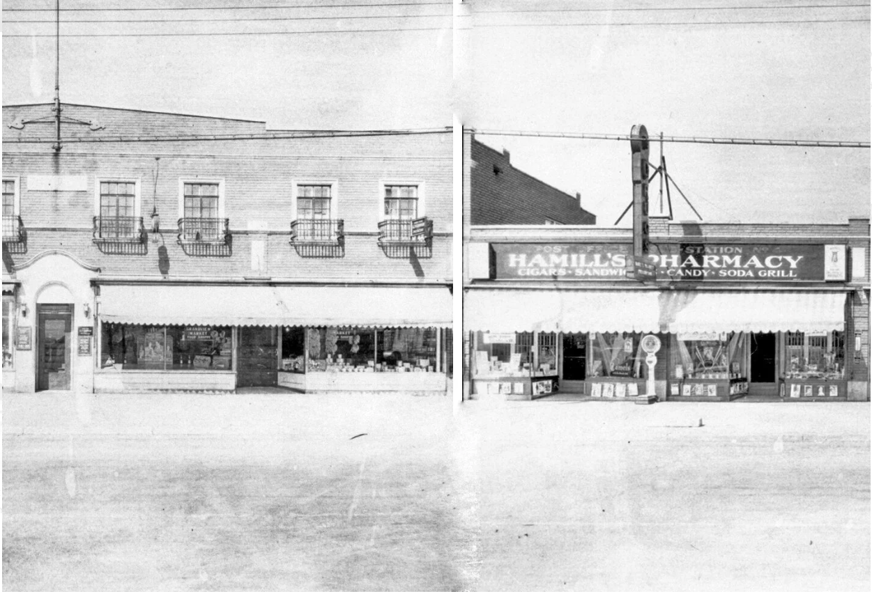 Black and white photo of two storefronts on a small town street, with a visible sign for Hamil's Pharmacy that lists cigars, sandwiches, candy, soda, and grill. The left storefront appears to be another shop or store, with large front windows and an awning.