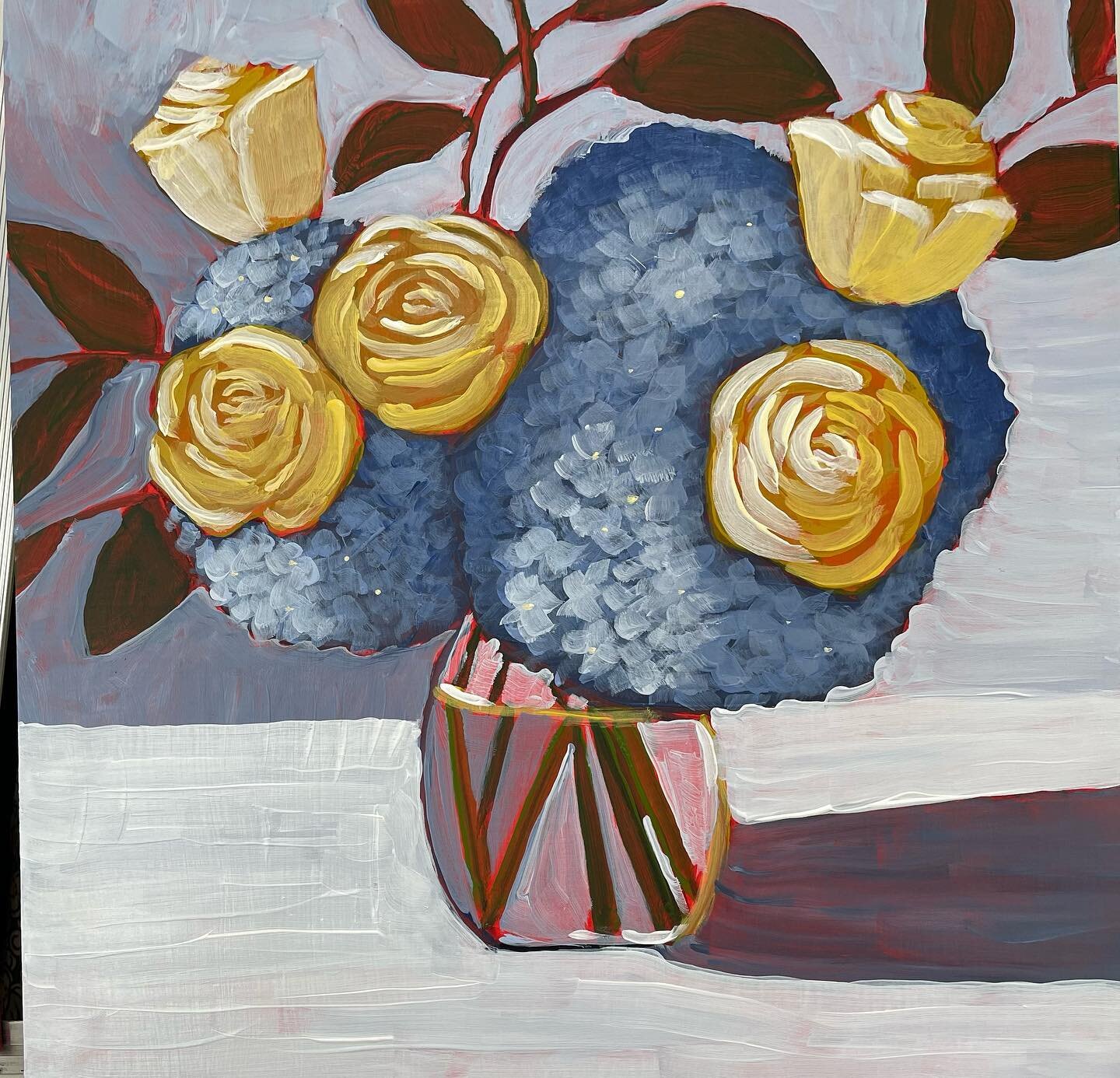 &ldquo;Blue Moon&rdquo;, 12&rdquo; x 12&rdquo; x .5&rdquo; acrylic painting on gallery wrapped panel.  Painting extends to the edges. Message me if interested. #stilllife #floralpainting #contemporary_art #contemporarypainting #hydrangeasandroses #bl