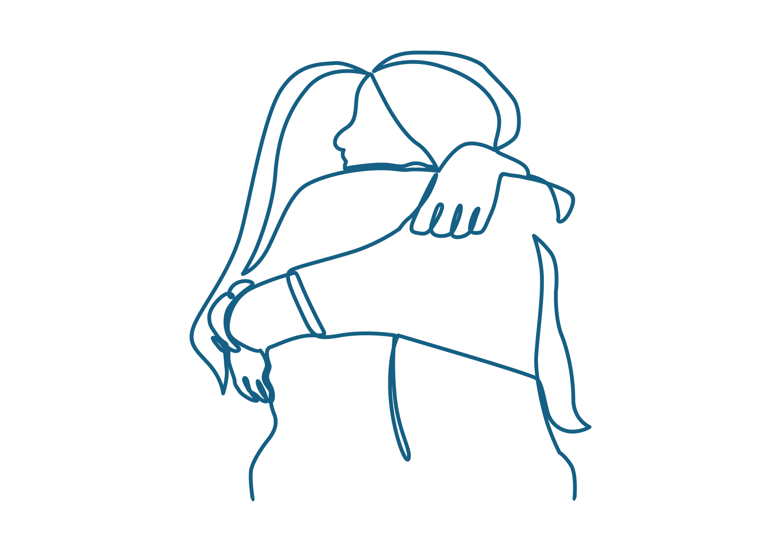A digital line drawing of two women hugging, depicted in blue on a black background.