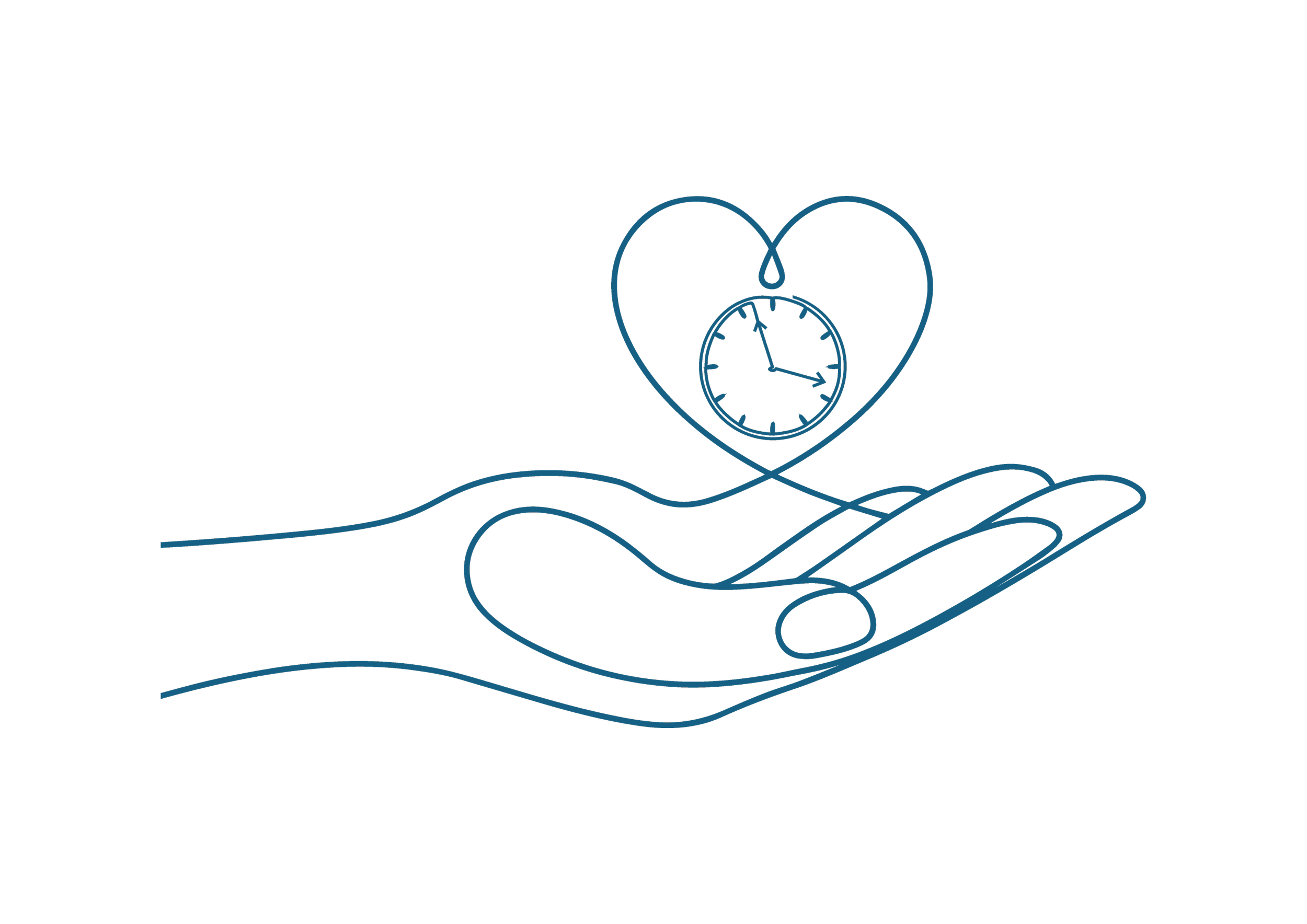 A minimalist line drawing of a hand holding a pocket watch, with a heart shape in the background and a drop of water above the watch.