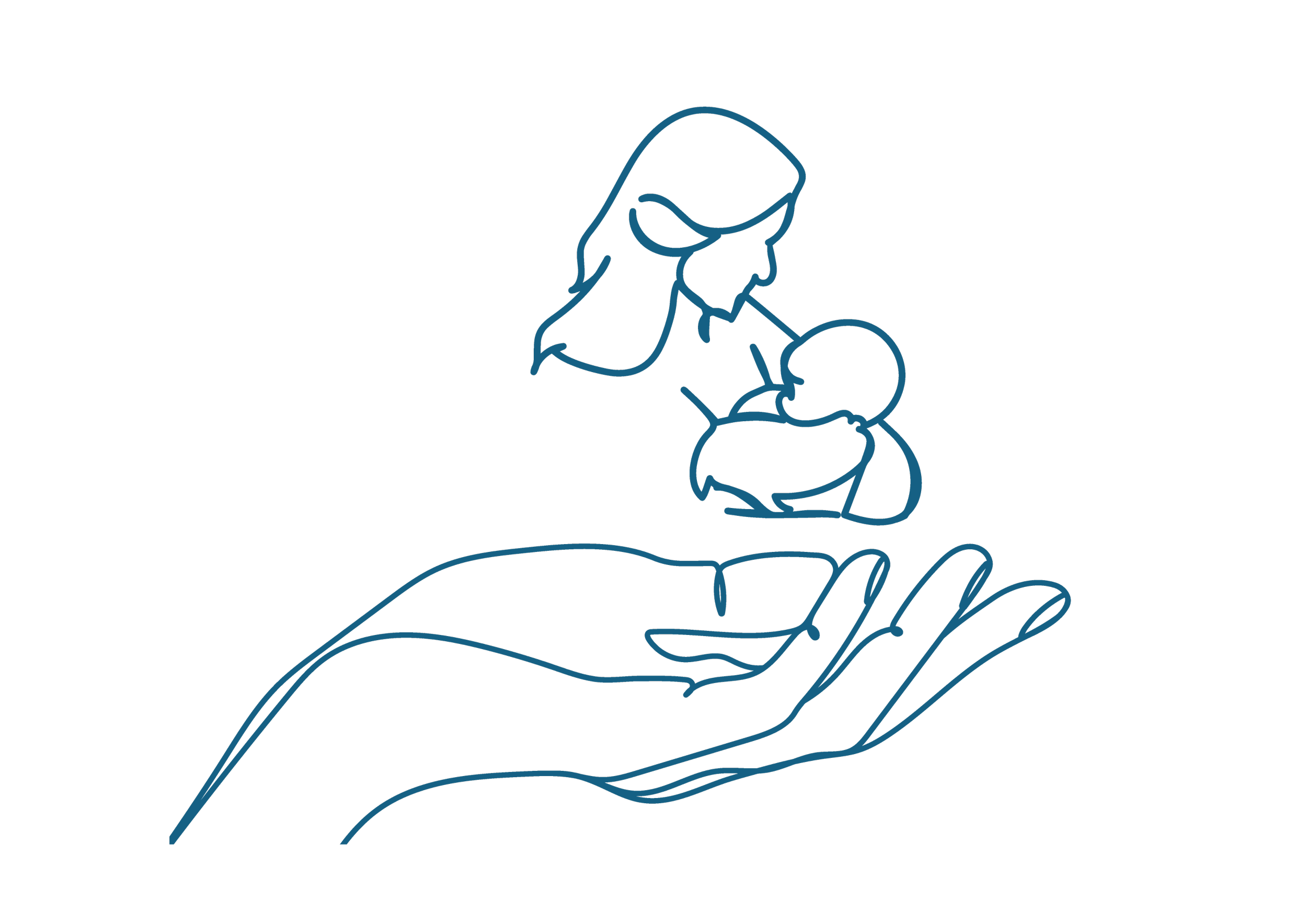 Line drawing of a hand with a mother holding her child above it