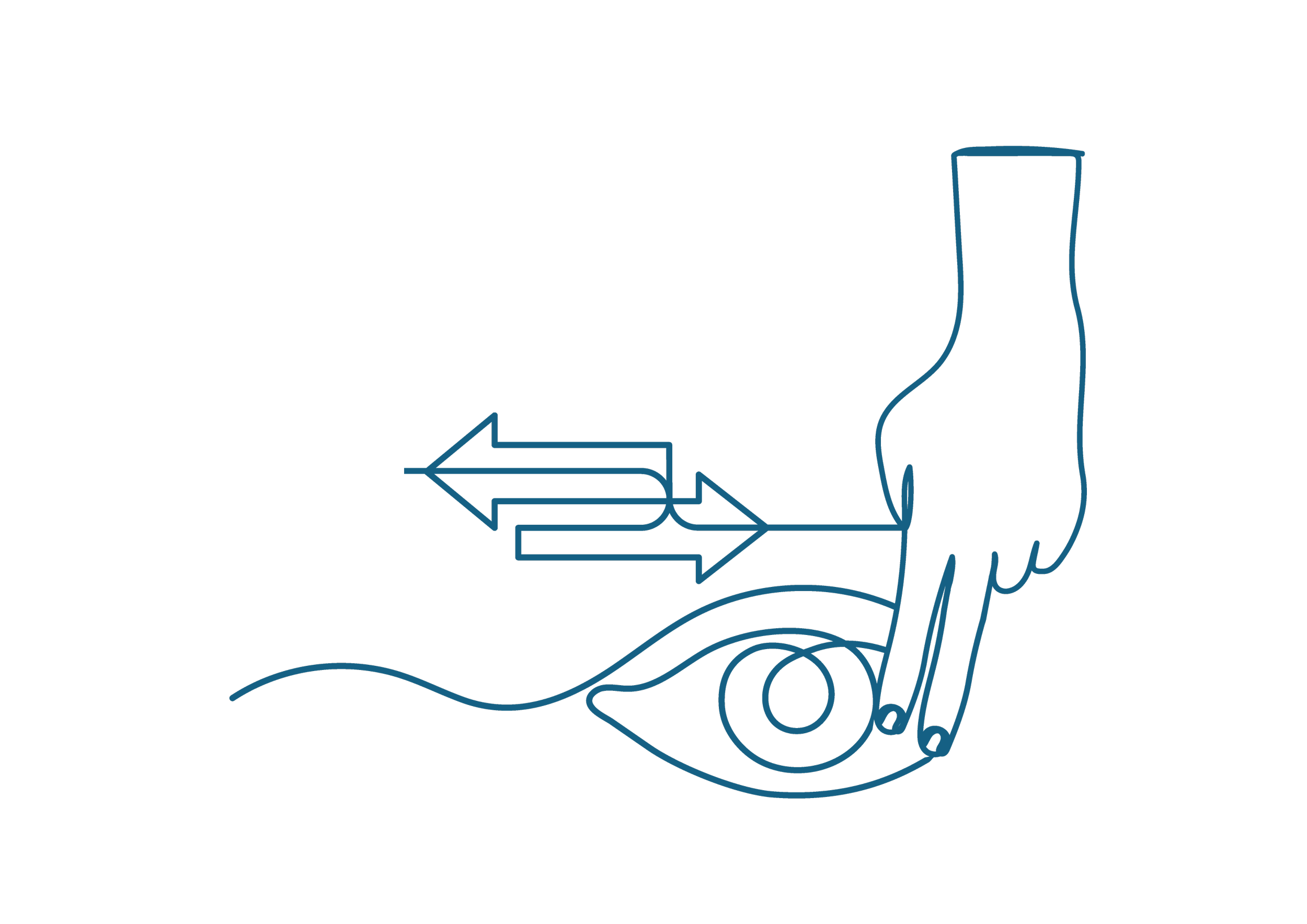 Outline of a hand holding an arrow pointing left, with lines indicating motion or direction.