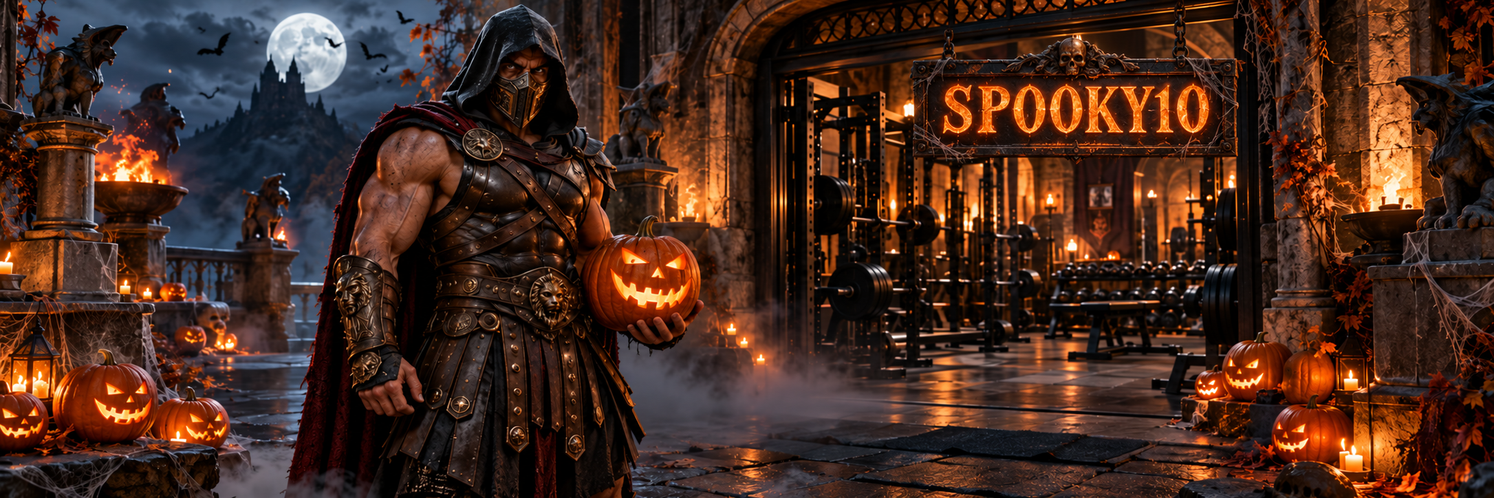 Masked Halloween Warrior holding a glowing pumpkin outside a haunted gym, with a SPOOKY10 sign