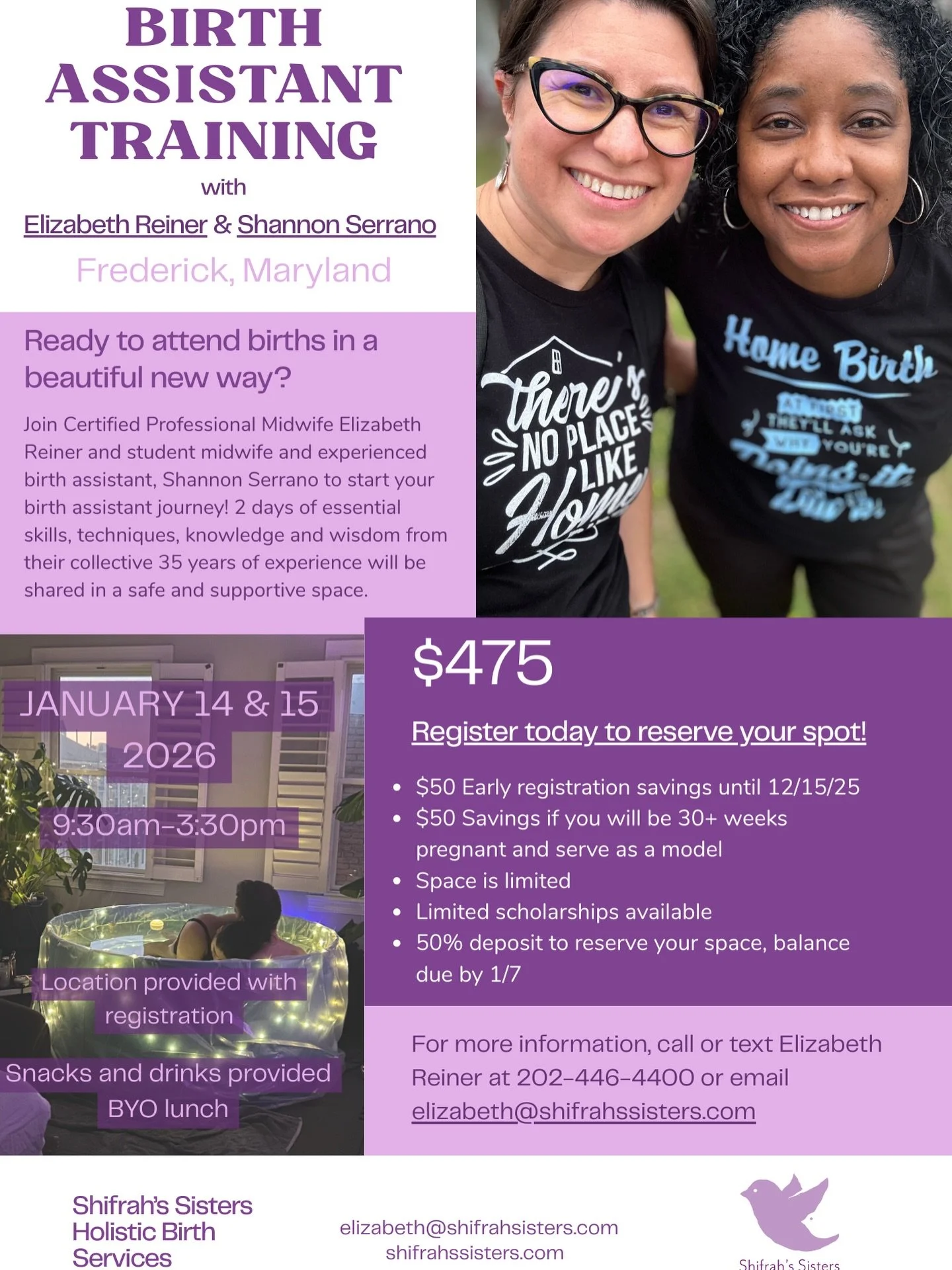 Last call! Registration closes Monday 1/12/26. 

📣Calling all future birth assistants!📣

Join Elizabeth and Shannon for two days of learning, practicing and the sisterhood of birth! 

Call, text, DM or email with any questions. Please share!

💜💜?