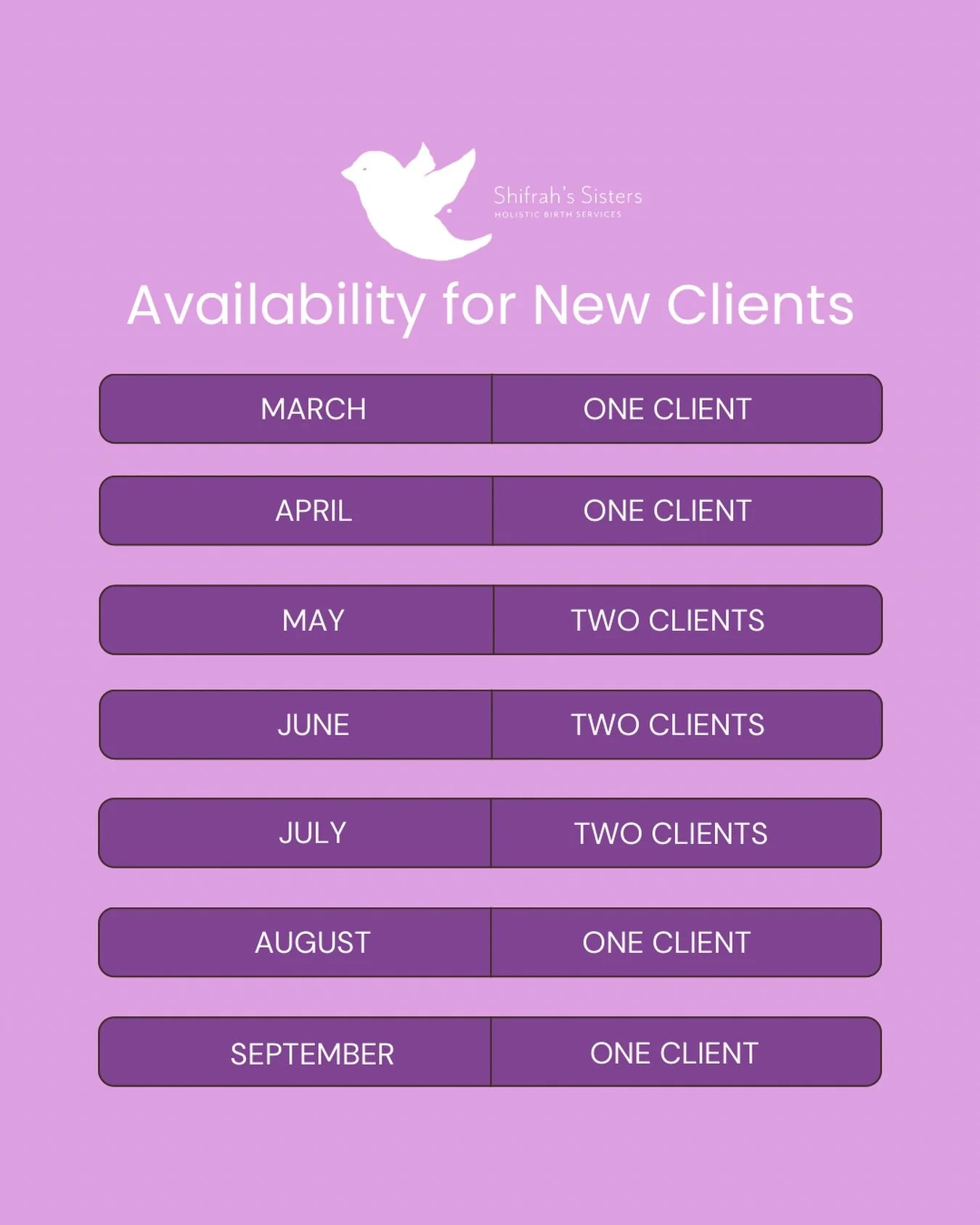 Your home birth is THE most impactful gift to your future self. Don&rsquo;t wait. 

💜

Each Shifrah&rsquo;s Sisters family is one of only 2-4 clients a month in our calendar. You get the #FamilyCenteredCare you deserve. If you&rsquo;re exploring hom