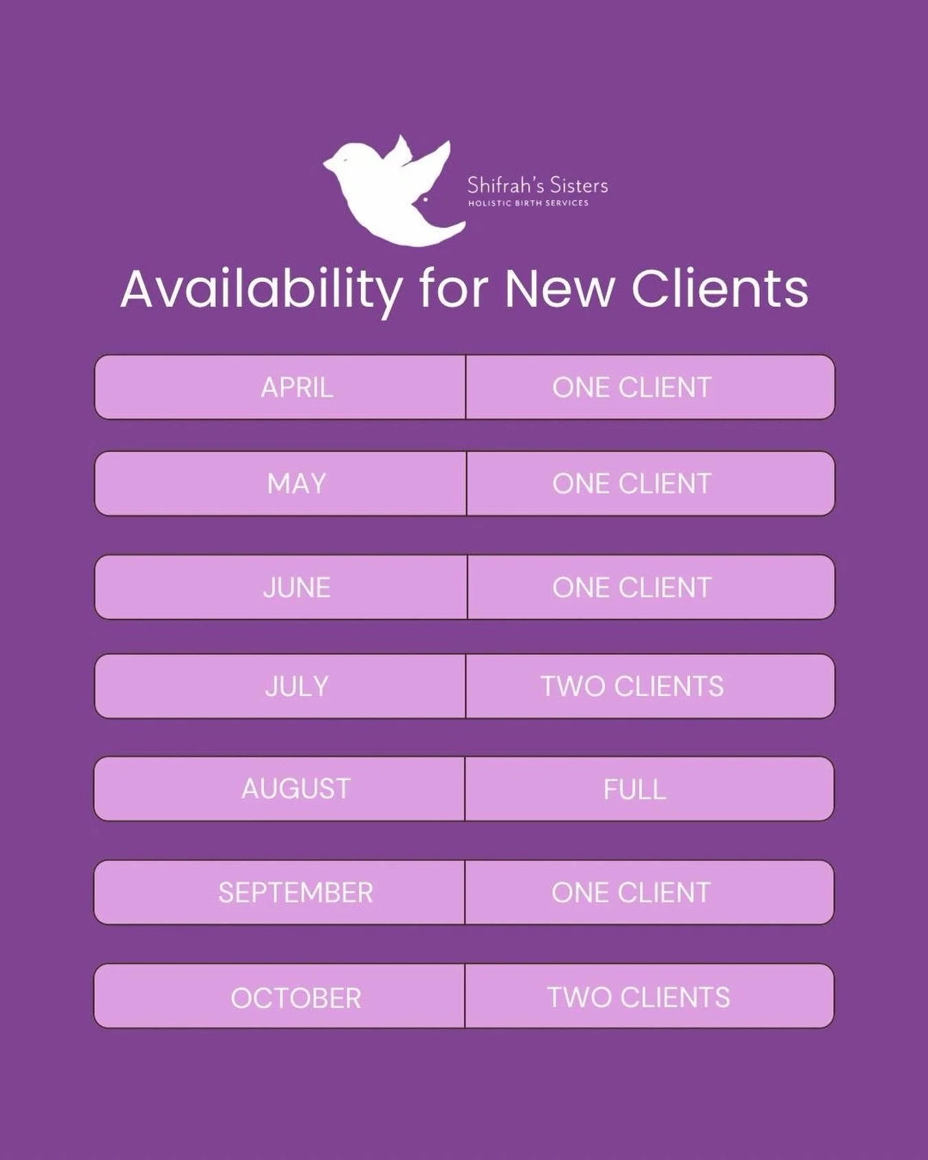 Your empowering birth is THE most impactful gift to your future self. Don&rsquo;t wait. 

Each Shifrah&rsquo;s Sisters family is one of only 2-4 clients a month in our calendar. You get the #FamilyCenteredCare you deserve. 

If you&rsquo;re exploring