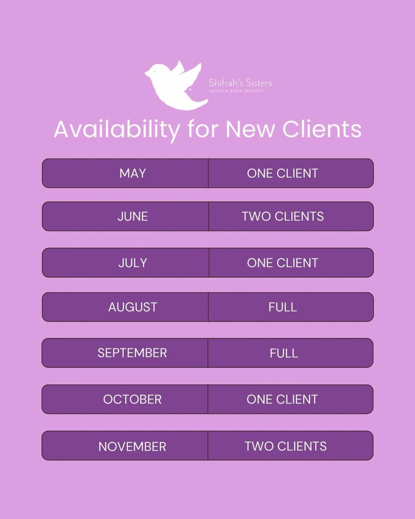 Your empowering birth is THE most impactful gift to your future self. Don&rsquo;t wait. 

Each Shifrah&rsquo;s Sisters family is one of only 2-4 clients a month in our calendar. You get the #FamilyCenteredCare you deserve. 

If you&rsquo;re exploring