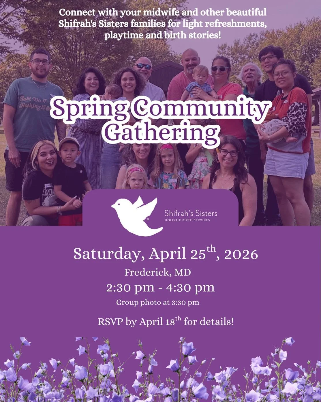Please join us for our upcoming in-person gathering Saturday, April 25th in Frederick! 

Come be in community, enjoy light refreshments and great conversations to catch-up and connect. 

Can&rsquo;t wait to see your growing bellies, babies, and child
