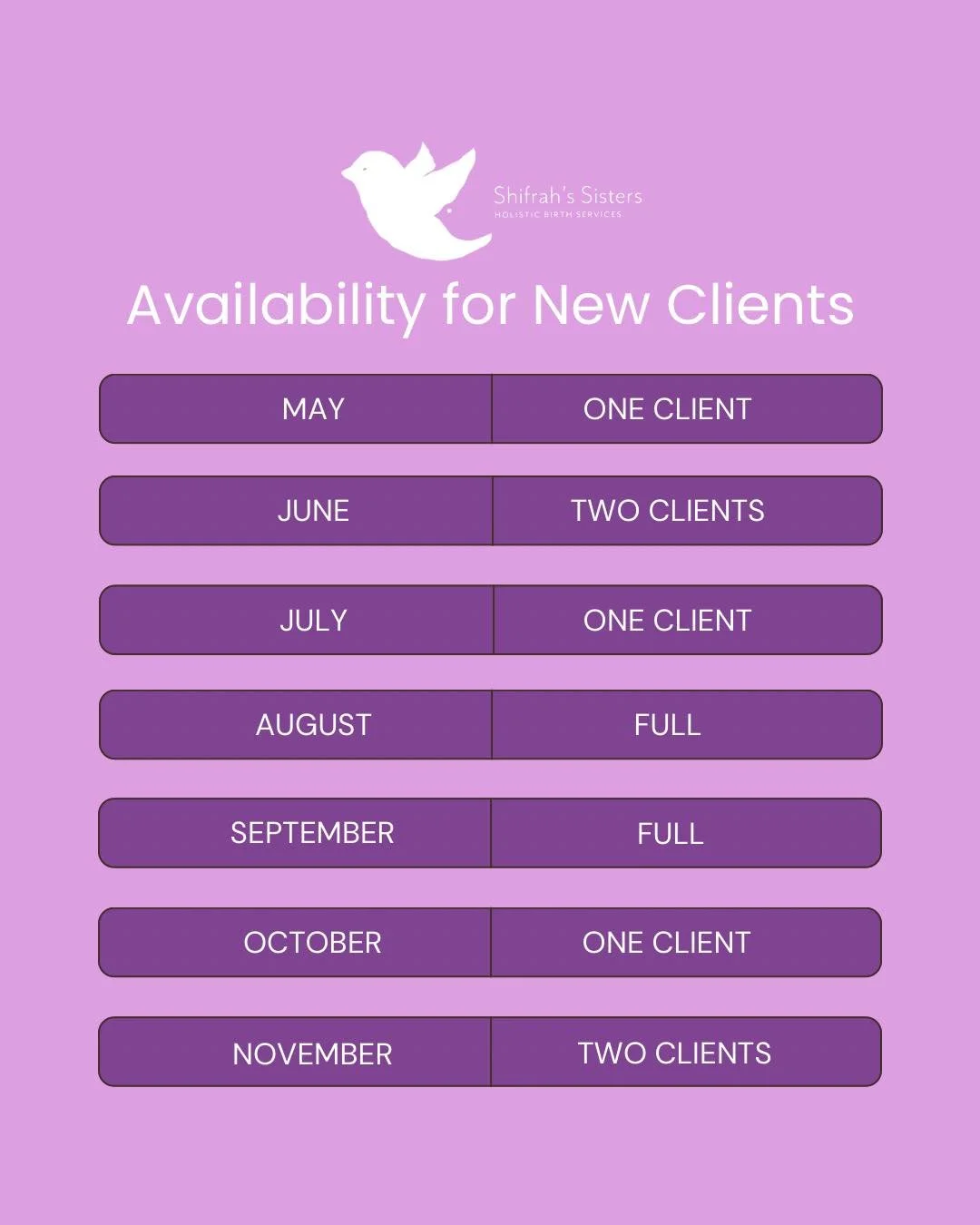 Your empowering birth is THE most impactful gift to your future self. Don&rsquo;t wait. 

Each Shifrah&rsquo;s Sisters family is one of only 2-4 clients a month in our calendar. You get the #FamilyCenteredCare you deserve. 

If you&rsquo;re exploring