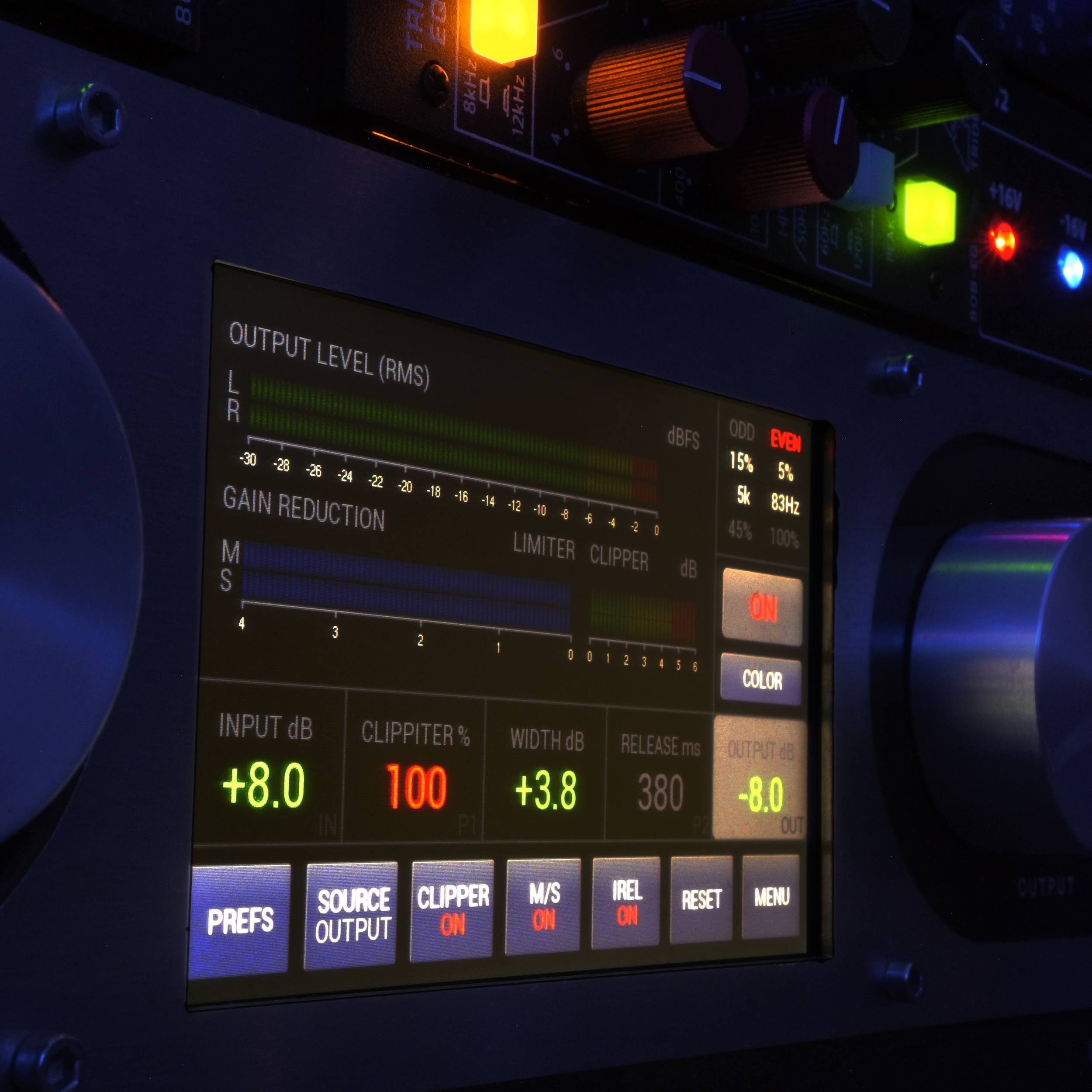 Close-up of audio metering on the Bettermaker mastering limiter..